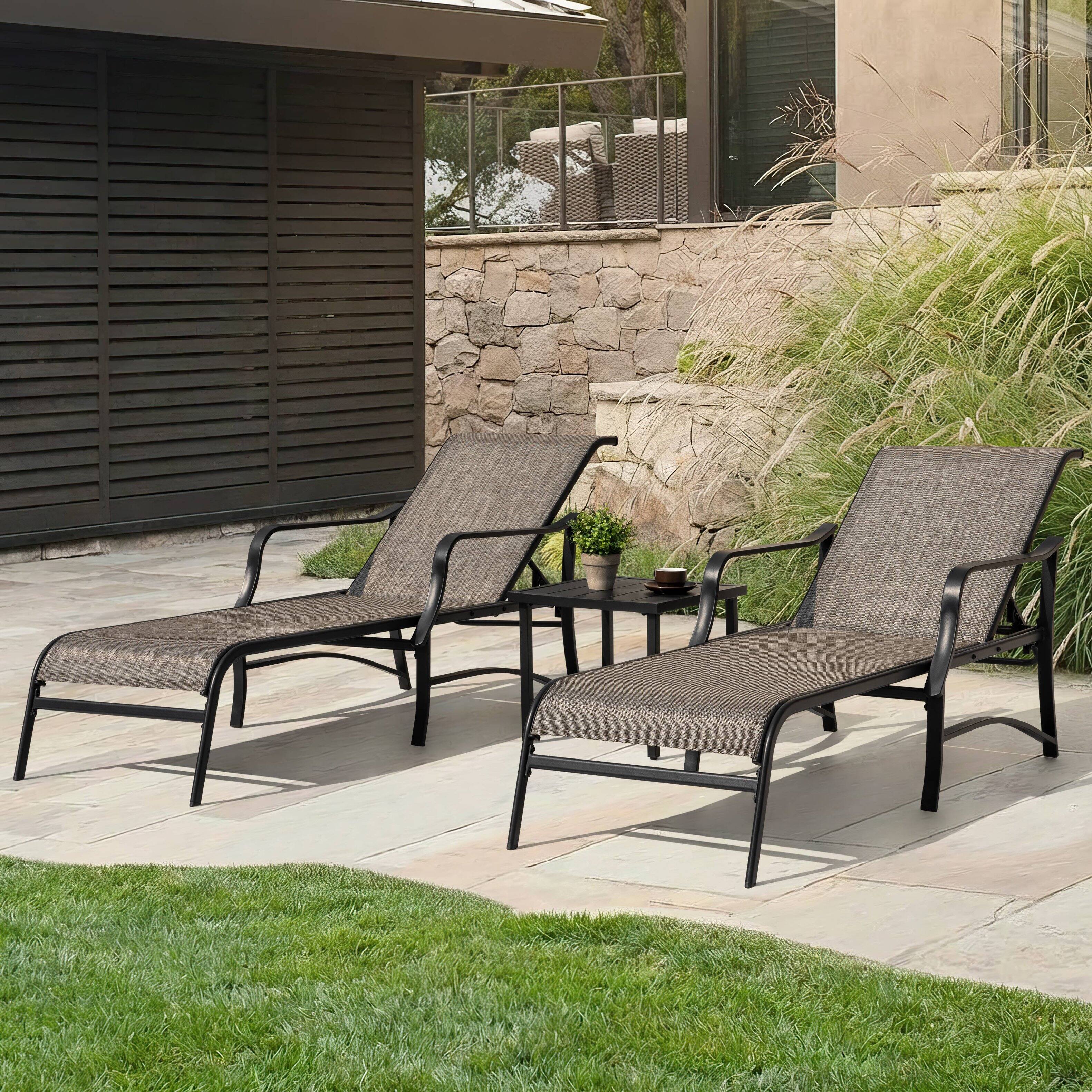 Angle. Nuu Garden - 3-Piece Patio Chaise Lounge Set, Textilene Patio Chaise Lounges, Side Table - Black and Brown.