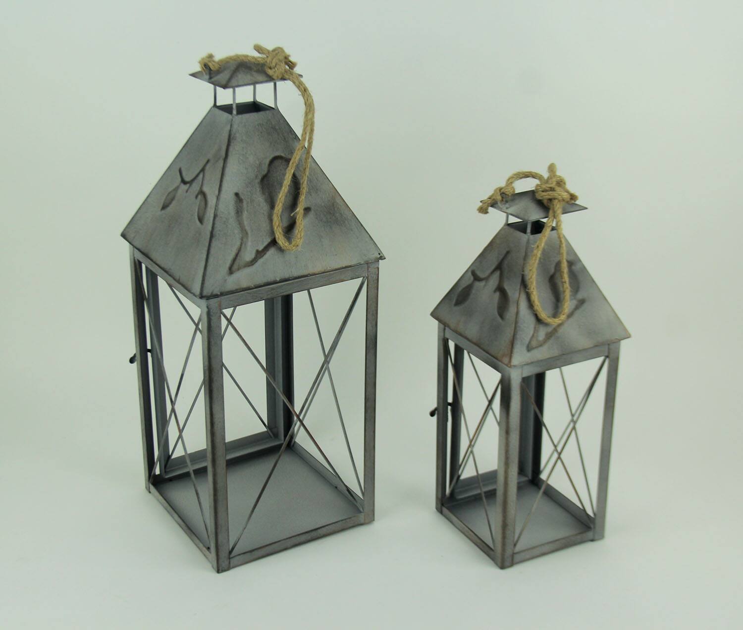 Alt View 2. Zeckos - Vintage Grey Metal Bird On Branch Square Candle Lantern Set of 2 - Gray.