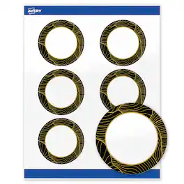 Avery - Round Labels, Black with Gold Pattern, 3" Diameter, Glossy, Black Border with Gold Veins - White