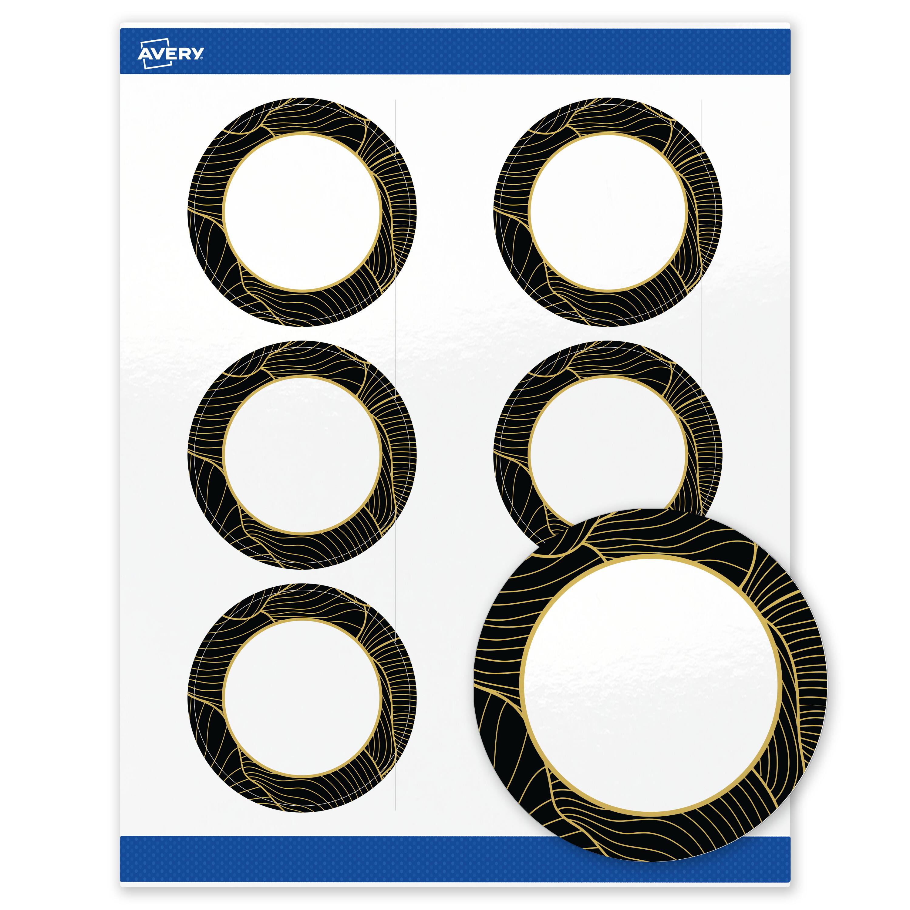 Front. Avery - Avery Labels, 3" Diameter, Glossy White, Black Border/Gold Veins - White.