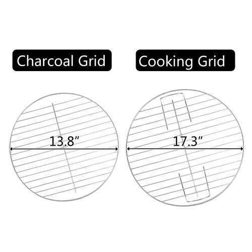 Charcoal Grid: 13.8"  
Cooking Grid: 17.3"
