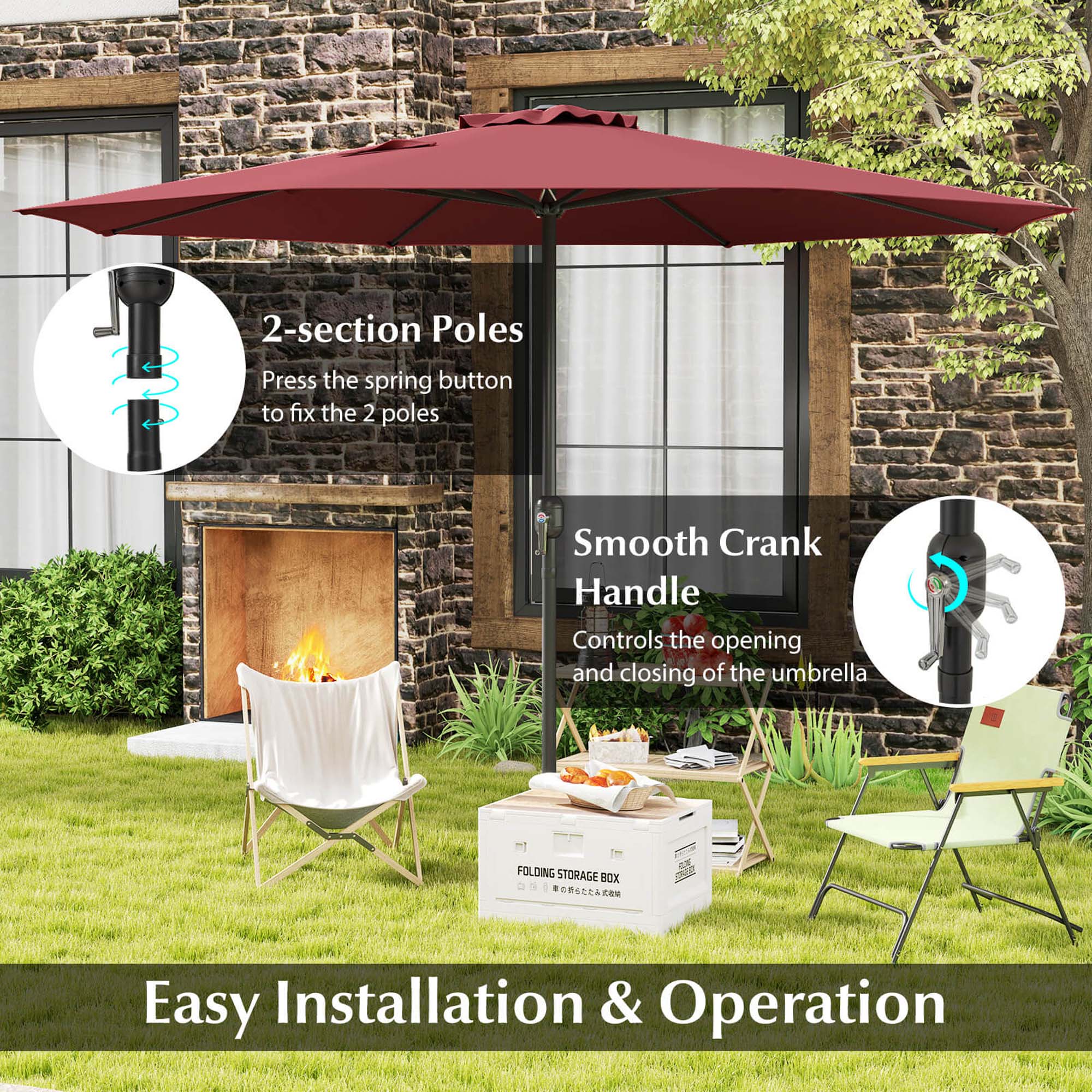 The text on the image is grouped as follows:

1. 2-section Poles: Press the spring button to fix the 2 poles.
2. Smooth Crank Handle: Controls the opening and closing of the umbrella.
3. Folding Storage Box: RC + Easy Installation & Operation.