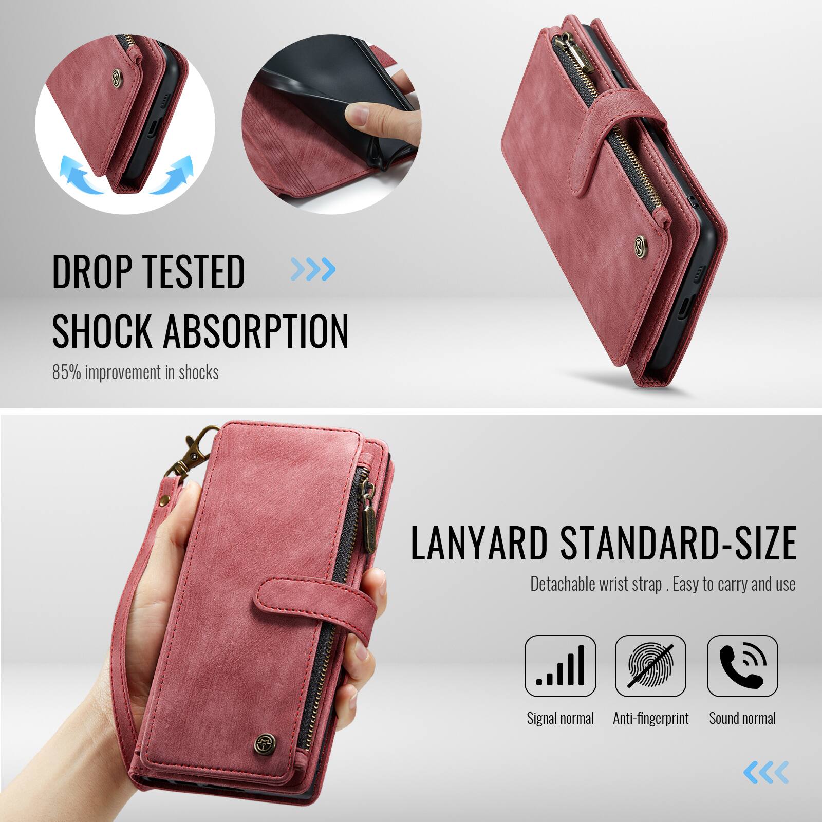 DROP TESTED >>> SHOCK ABSORPTION  
85% improvement in shocks  

LANYARD STANDARD-SIZE  
Detachable wrist strap. Easy to carry and use  

Signal normal  
Anti-fingerprint  
Sound normal