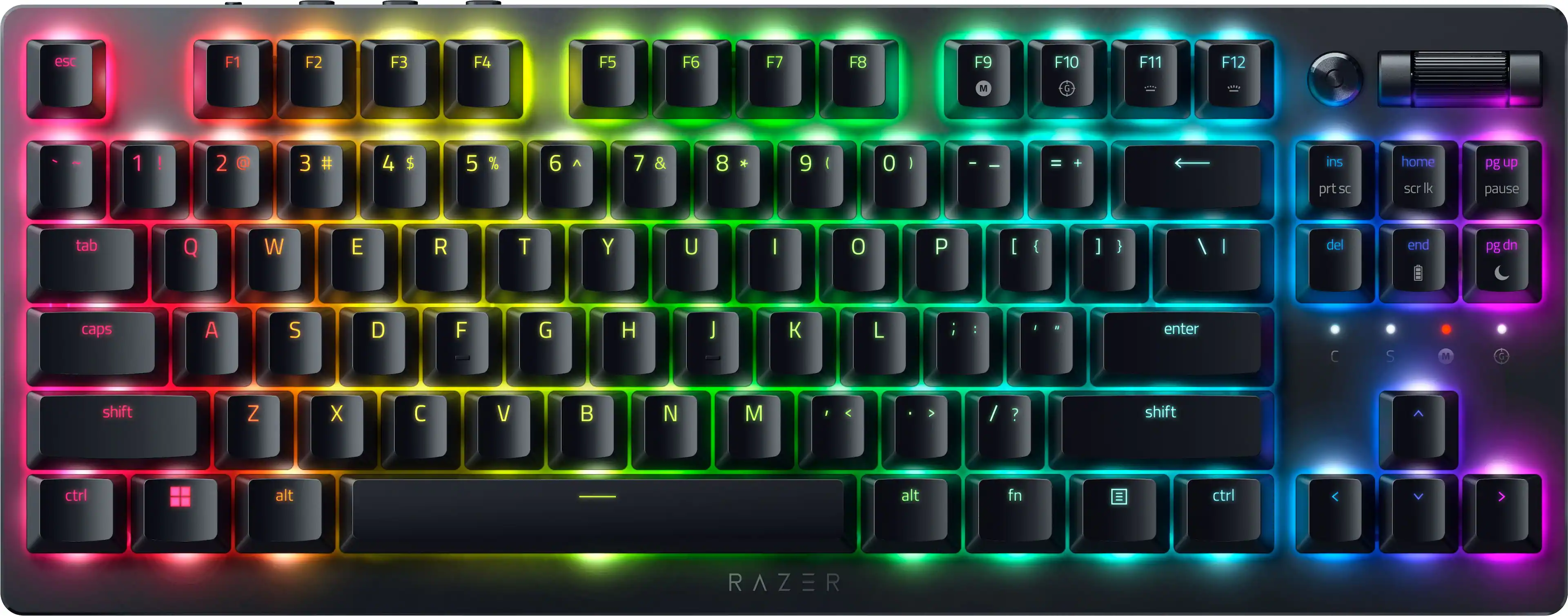 The image shows a colorful keyboard with a rainbow theme. The keys are labeled with letters and numbers, including the function keys F1 through F12, and the arrow keys. The keyboard also has a number pad, and the letters are arranged in two rows. The colorful design of the keyboard makes it visually appealing and unique.