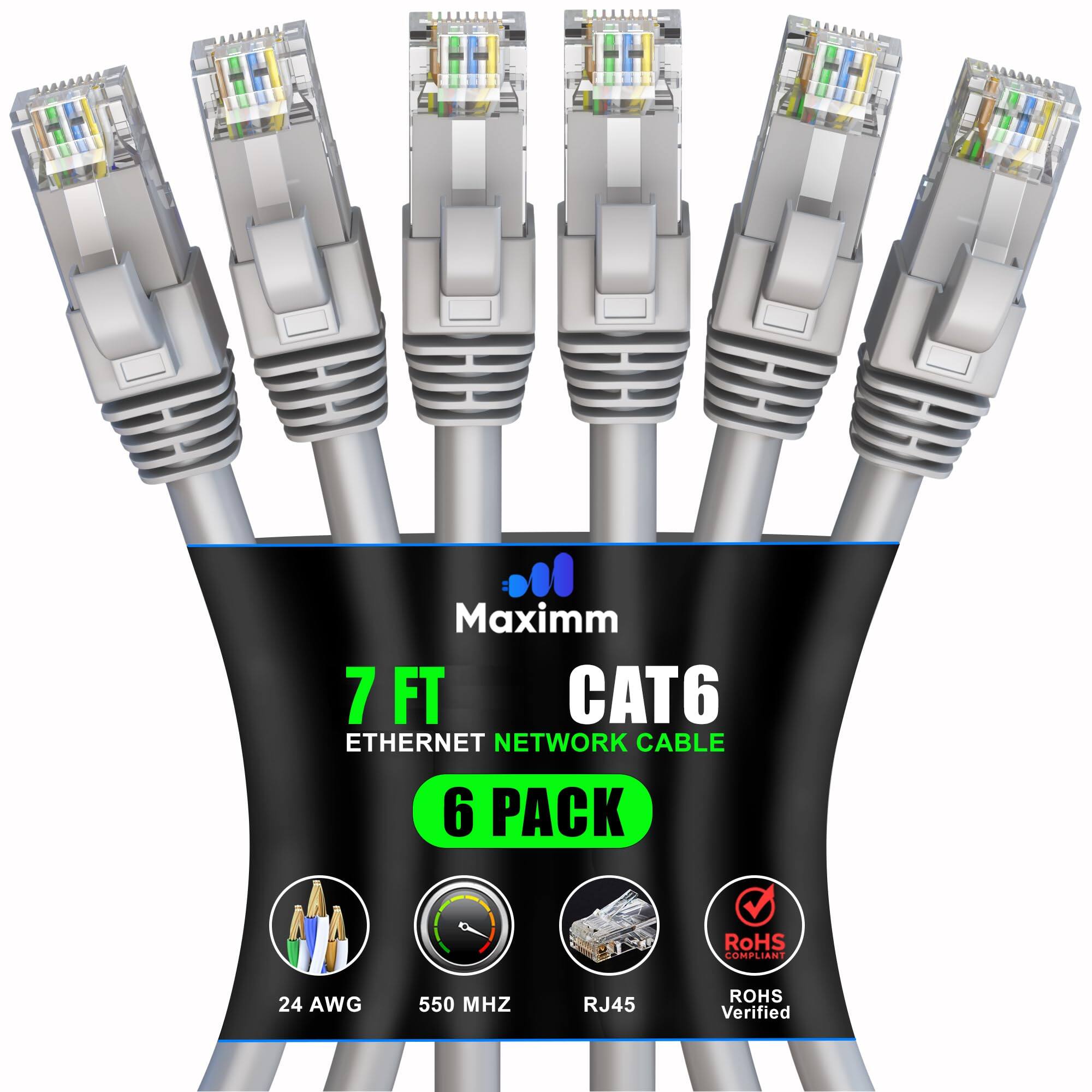 Maxim 7 FT CAT6 Ethernet Network Cable 6 Pack  
RoHS Compliant  
24 AWG  
550 MHz  
RJ45  
RoHS Verified