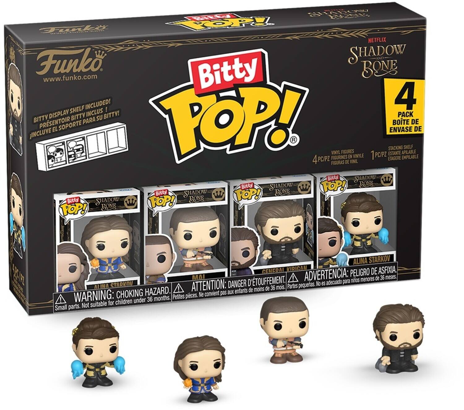 TAGO T6ite HERL Fney ROPpy hUbo.cuil NETFLIX NE Funko. SHADOW www.funko.com Bitty BONE SHELF INCLUDED! 4 DISPLAY BITTY INCLUS BITTY! PACK BITTY PARA SU POP! PRSENTOIR BOTE DE EL SOPORTE ENVASE DE INCLUVE STACKING SHELF VINYL FIGURES ESTANTE APILABLE FIGURINES EN VINYLE 1 PC/PZ EMPILABLE 4 PC/PZ ETAGERE FIGURAS DE VINIL Bitty SHADOW  Batty SHADOW POP! BONE Bitty SHADOW  TOP! RONE FOP! BONE MZ ALINA STARKOV GENERAL KIRIGAN DE ASFIXIA. MAI ADVERTENCIA: PELIGRO A mios menores de 36 meses. ALIMA STAROU ATTENTION: DANGER D'TOUFFEMENT. Partes pequeas. No es adecuado para de moins de 36 mois. CHOKING HAZARD. convient pas aux enfants WARNING: Petites pieces. Ne under 36 months. Not suitable for children Small parts.