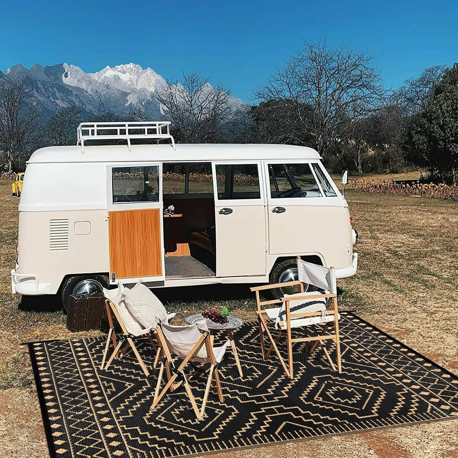 Alt View 3. Reds Spade - Outdoor Rug Waterproof Reversible Plastic Straw For Patio Clearance Moroccan Outside Area Rv Camping Indoor... - Black & Beige-3'11" x 5'11" (Rectangular).