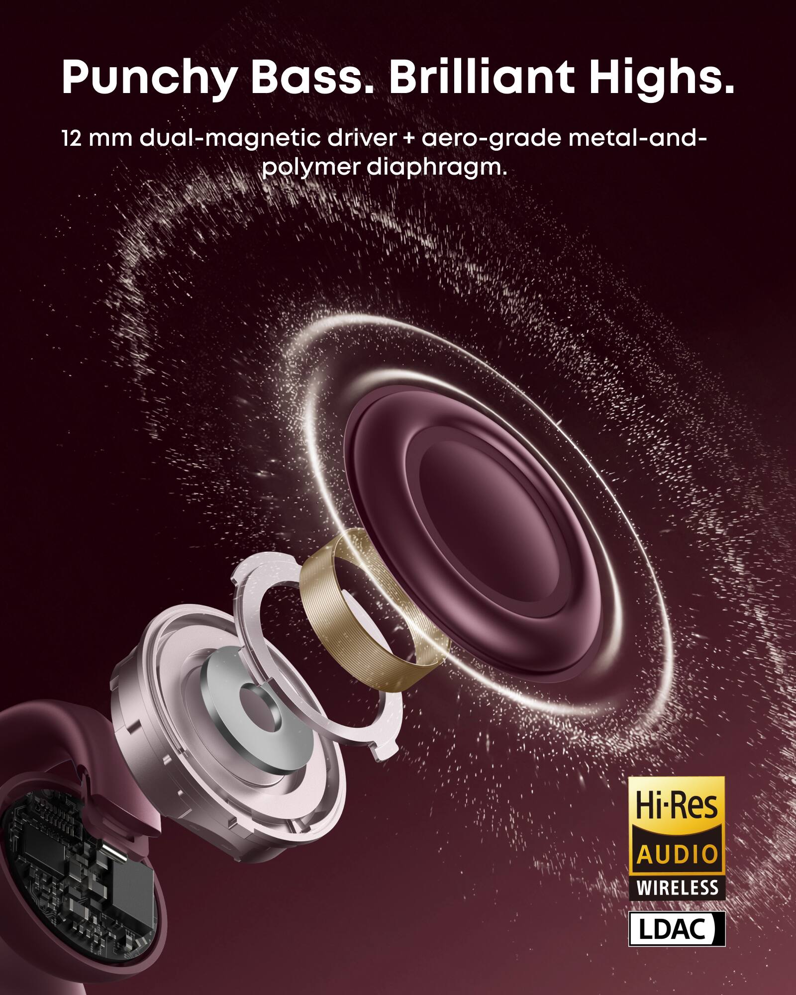 Punchy Bass. Brilliant Highs.  
12 mm dual-magnetic driver + aero-grade metal-and-polymer diaphragm.  

Hi-Res  
AUDIO WIRELESS  
LDAC
