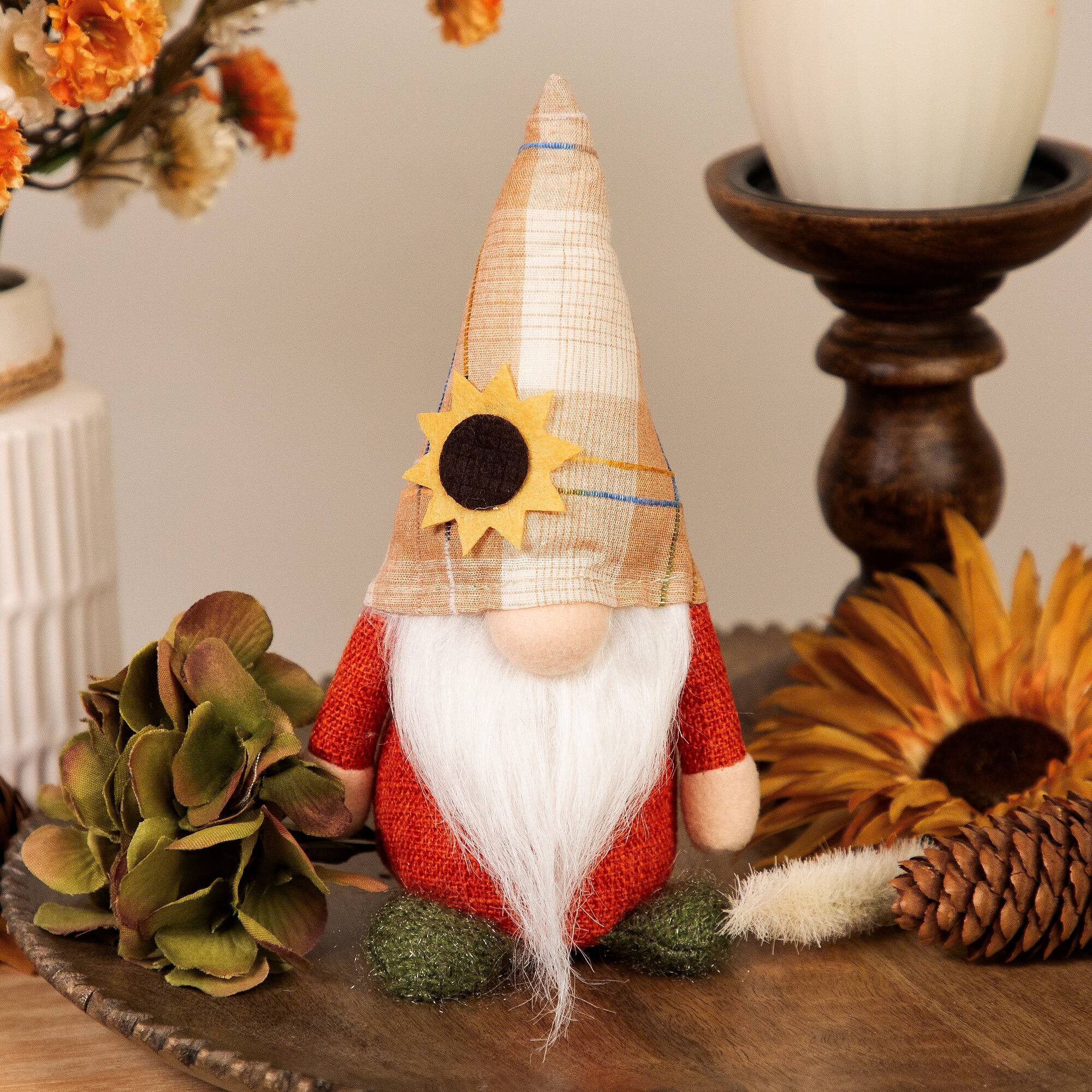 Front. Northlight - Fall Harvest Gnome with Sunflower Hat Decoration - 7.5" - Orange.