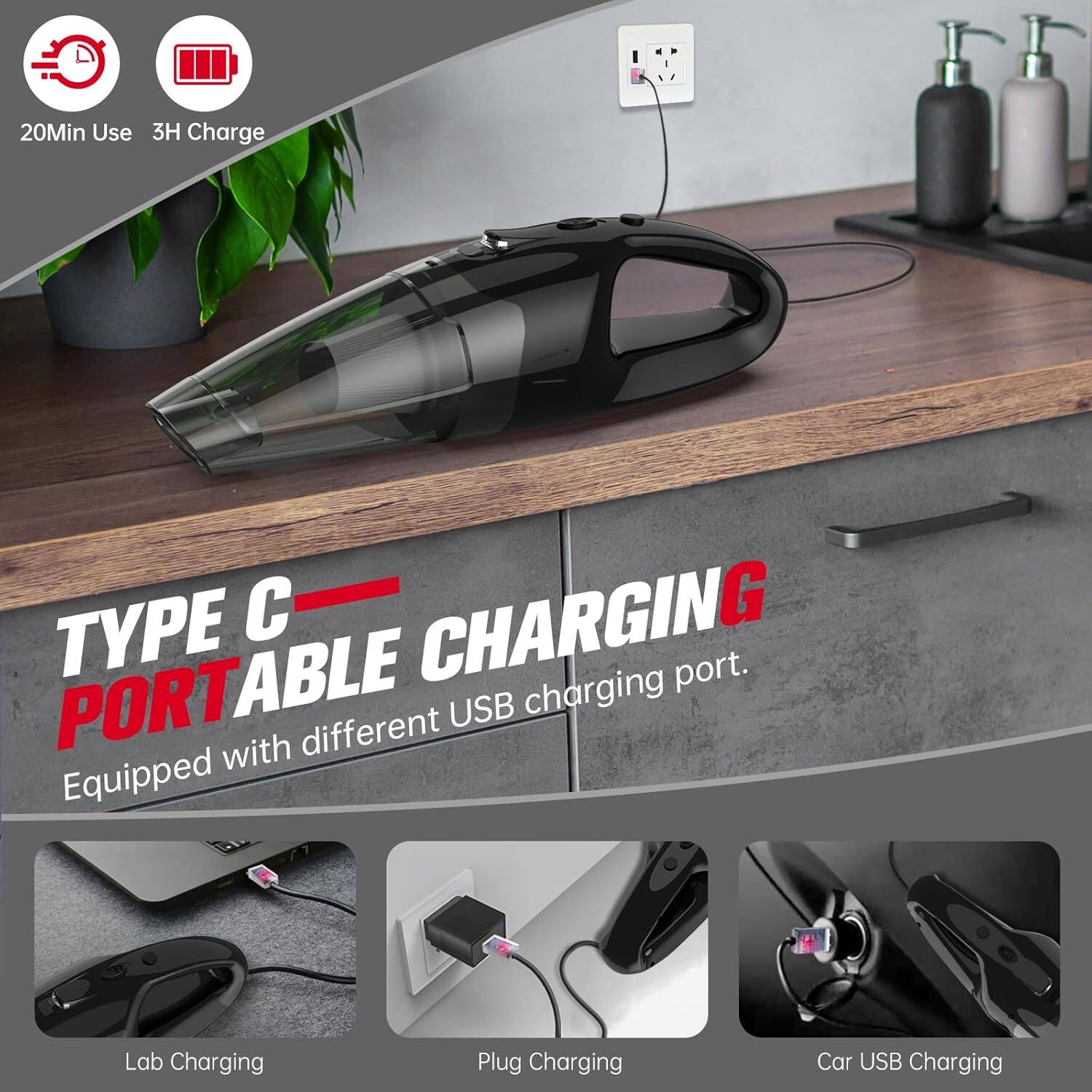 20Min Use 3H Charge

TYPE C PORTABLE CHARGING
Equipped with different USB charging port.

Lab Charging
Plug Charging
Car USB Charging