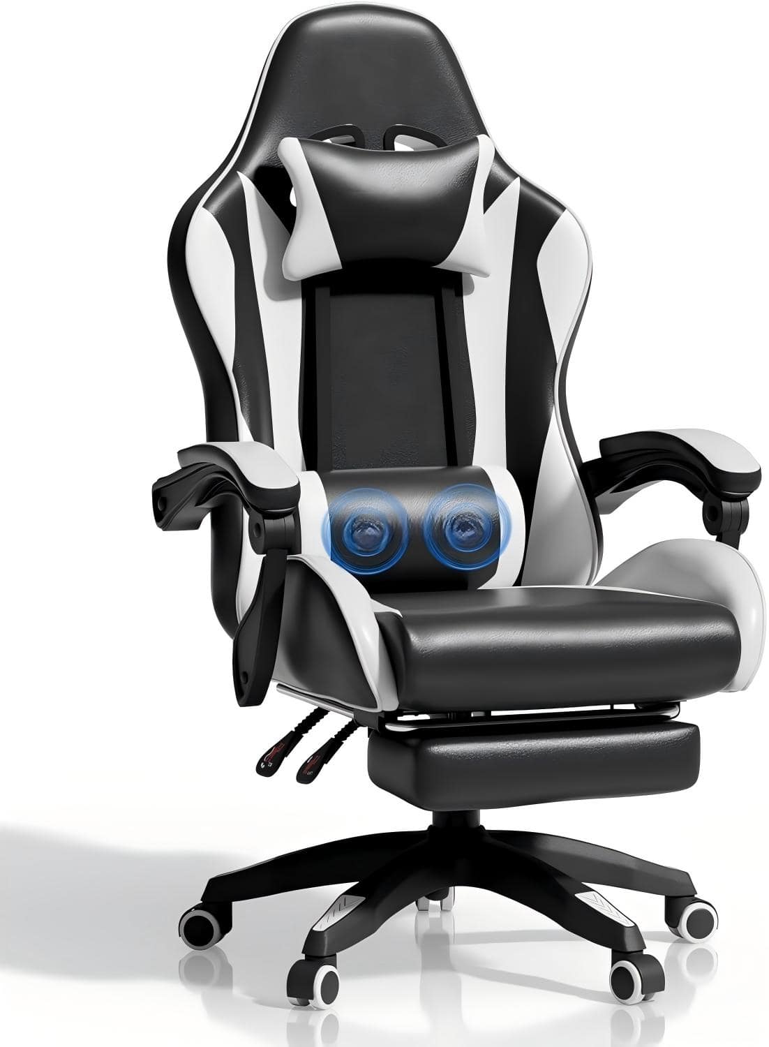 COQOOL - Gaming Chair with Footrest, Ergonomic Reclining Gamer Chair with Lumbar Support & Massage, Adjustable Headrest - Black