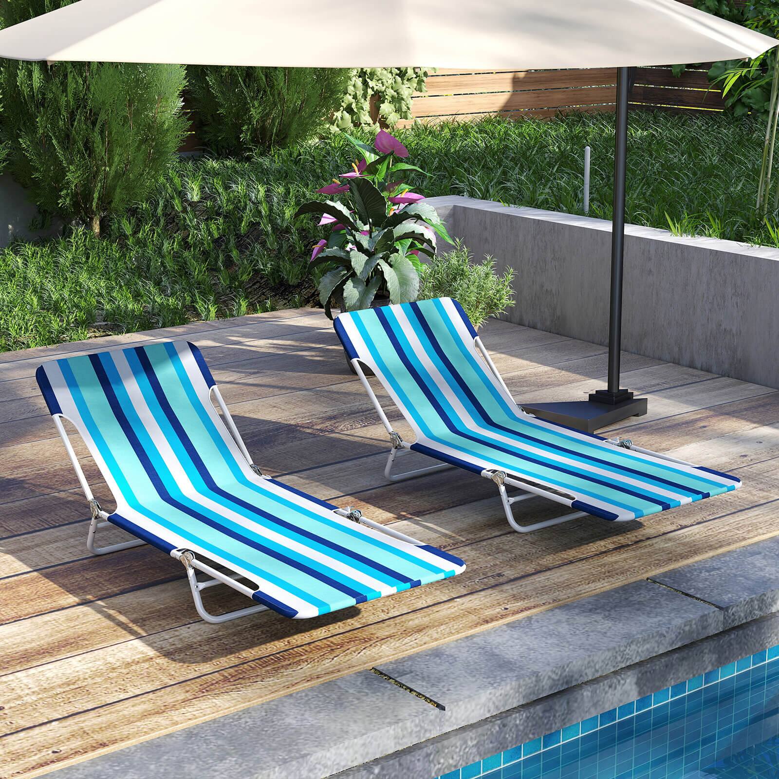Alt View 1. Costway - Costway 2 PCS Outdoor Folding Chaise Lounge with Carry Strap, Metal Frame for Patio Poolside - Blue + Navy.
