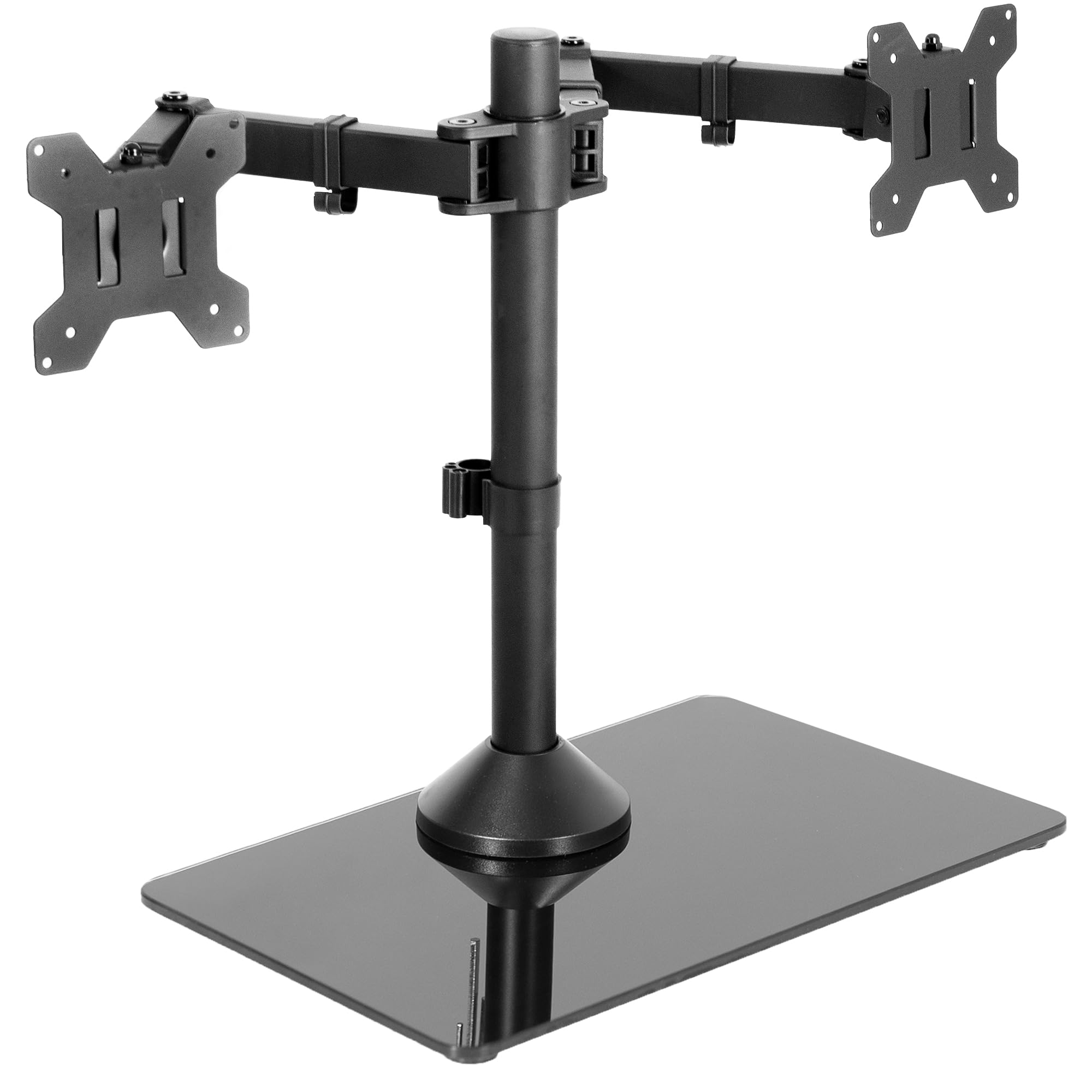 Front. Cedar Assembly - Freestanding Dual Monitor Stand With Sleek Glass Base And Adjustable Arms Mounts 2 Screens Up To s Each - Black 13" to 32" Screens.