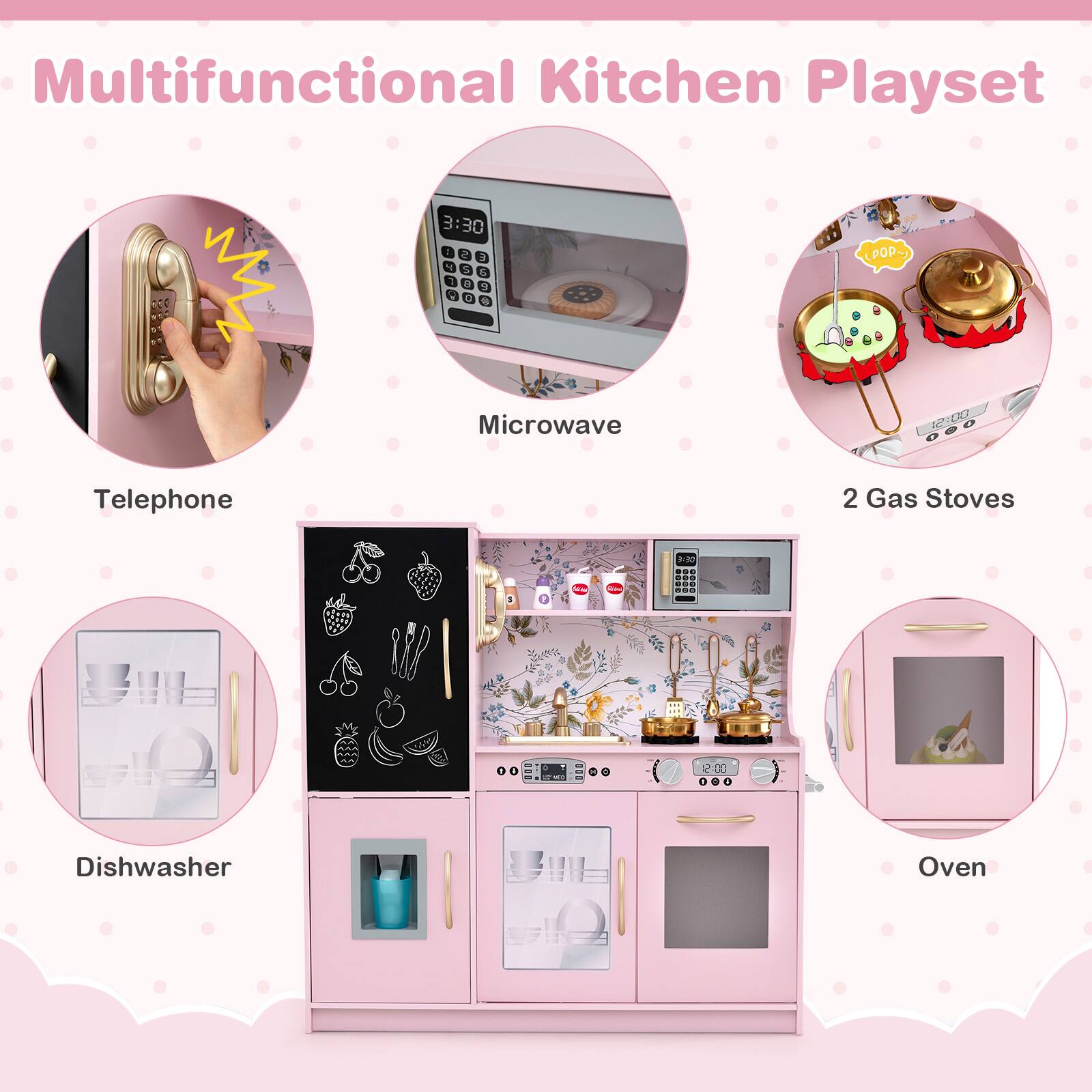 Multifunctional Kitchen Playset

- Telephone
- Microwave
- 2 Gas Stoves
- Dishwasher
- Oven