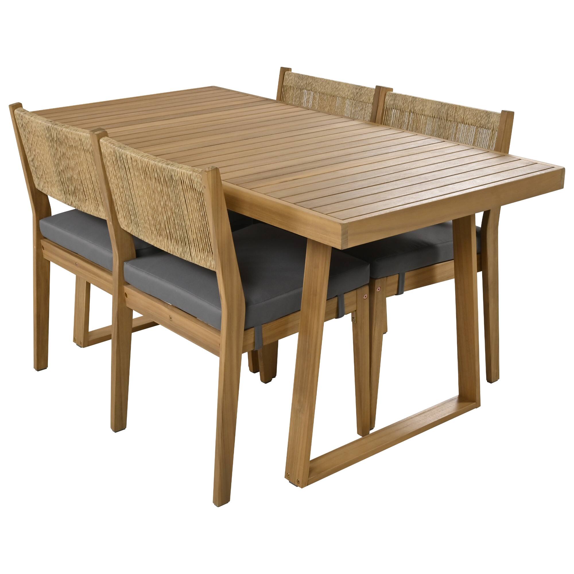 Back. Mondawe - Outdoor Acacia Wood Dining Table and Chair Set with Thick Cushions - Brown+Gray.