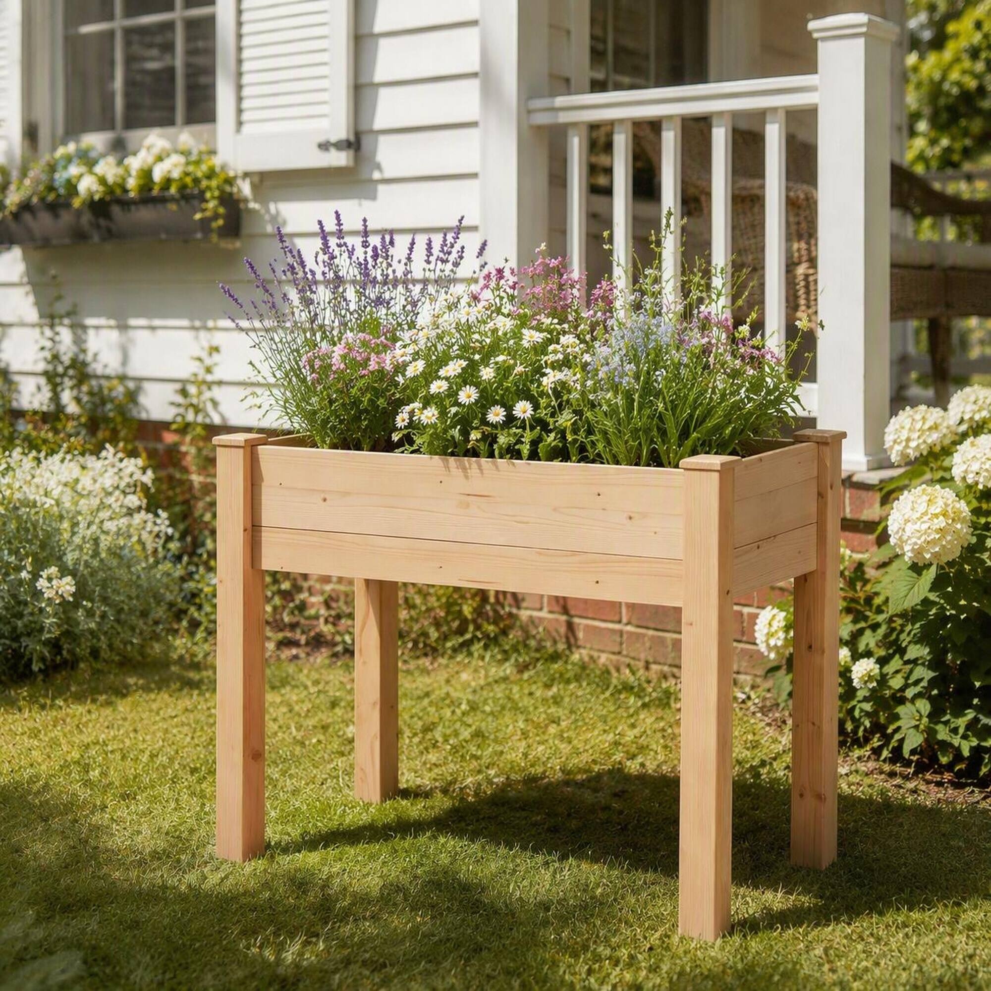 Angle. RYHNUYNE - Raised Wooden Planter Box on Legs for Vegetables and Flowers, Natural Fir Garden Bed with Self-Draining Slats - Natural Wood.