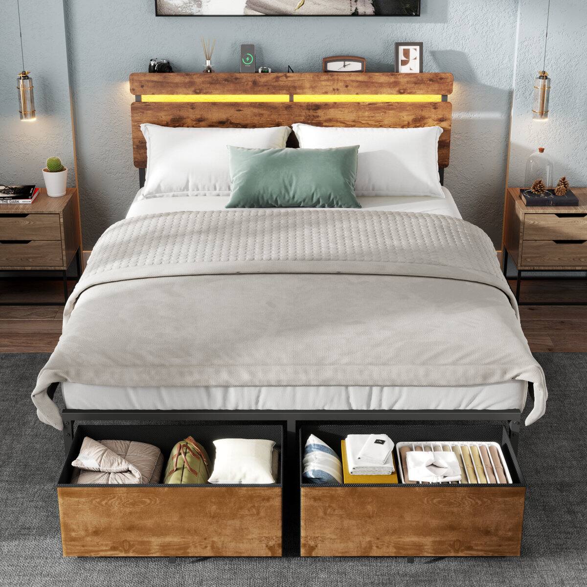 Angle. Furnulem - Platform Bed with 2 Drawers and Open Storage Headboard Adjustable LED Light and Charging Station - Brown.