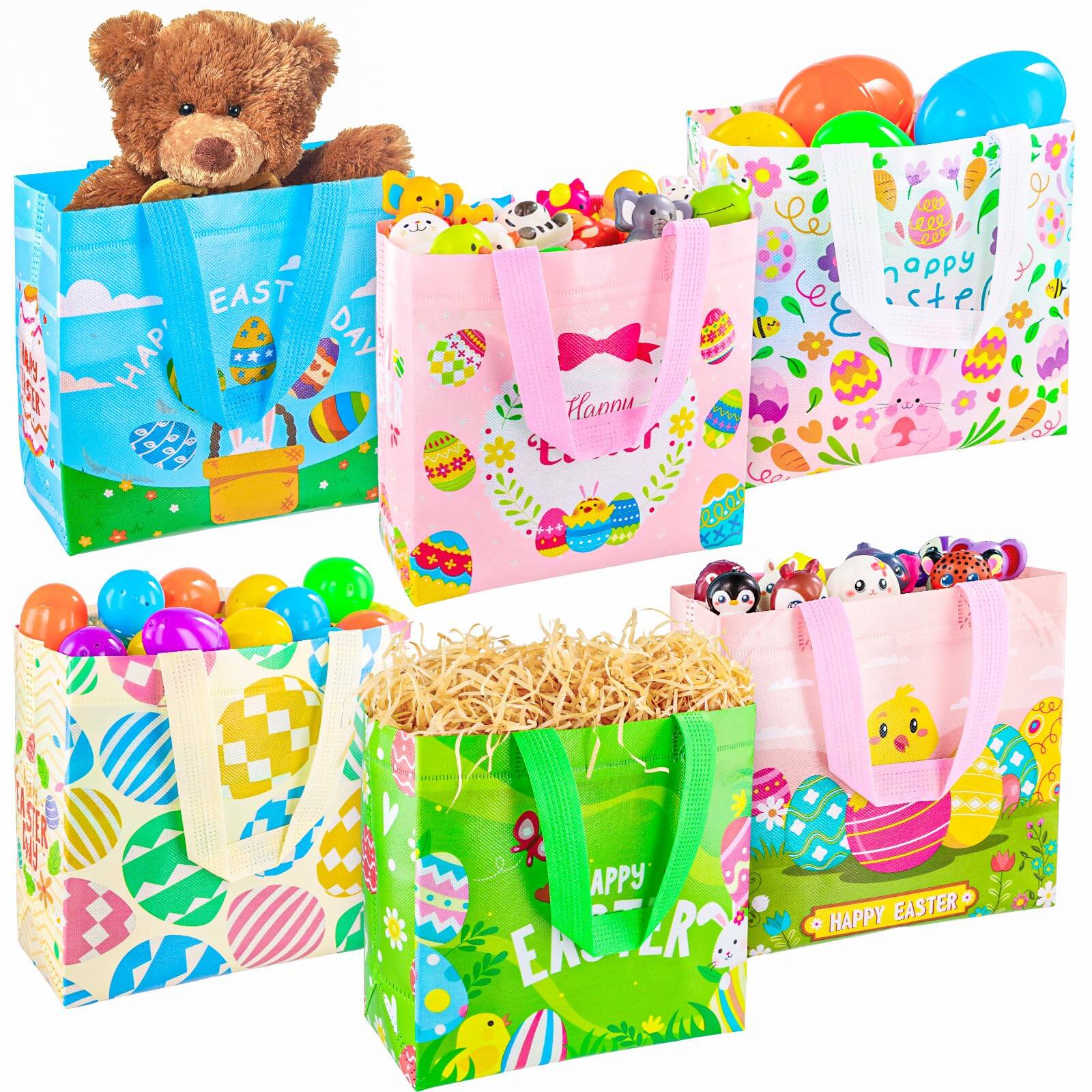 Sure, here is the corrected and grouped text from the image:

1. **Top Left Bag:**
   - "HAPPY EASTER"

2. **Top Middle Bag:**
   - "Hannu"
   - "happy easter"

3. **Top Right Bag:**
   - "HAPPY EASTER"

4. **Bottom Left Bag:**
   - "HAPPY EASTER"

5. **Bottom Right Bag:**
   - "HAPPY EASTER"