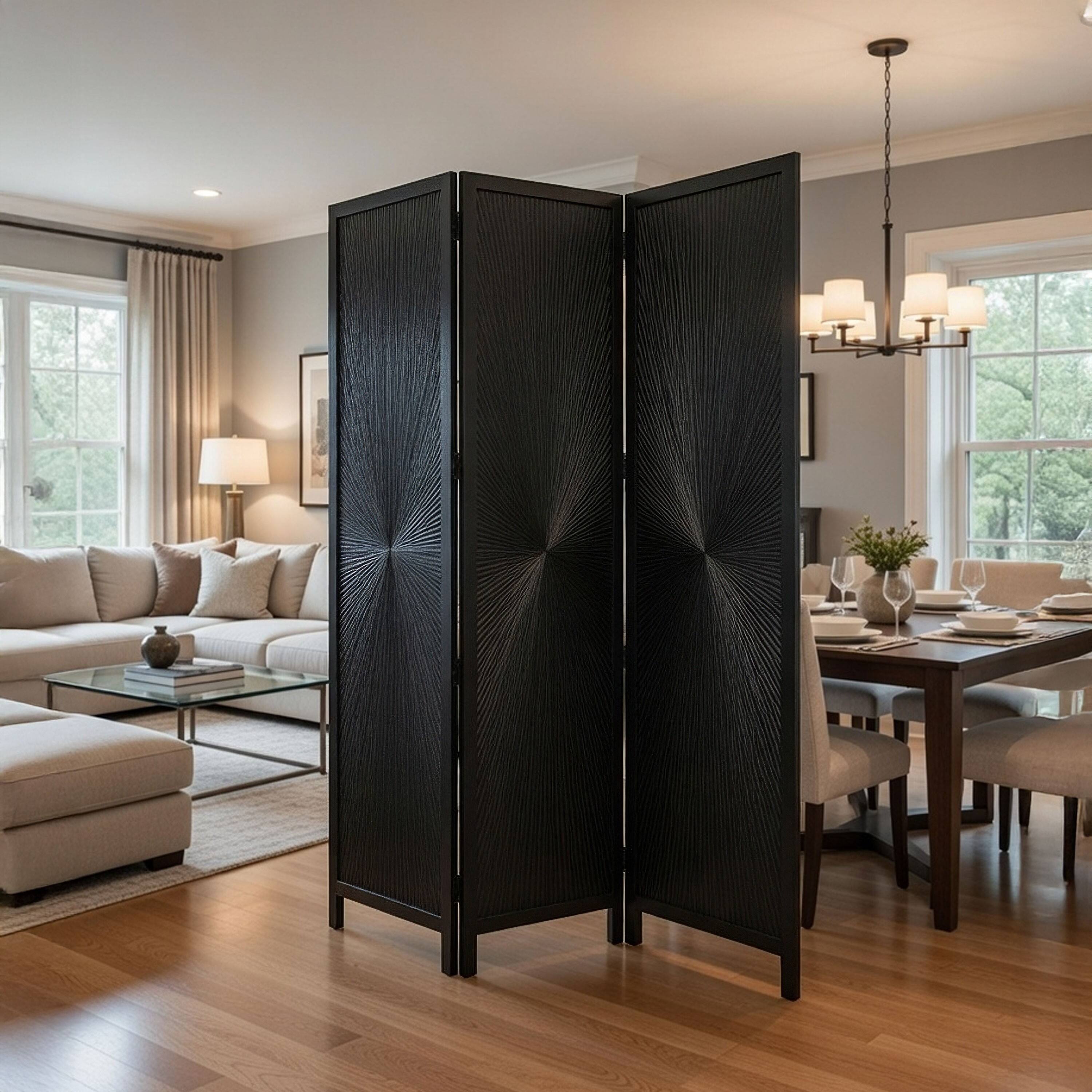 Alt View 5. Manhattan Lane - Cava 3 Panel Folding Room Divider Screen, Sunburst Design, Black Mango Wood, 60x72 Inch - Black.