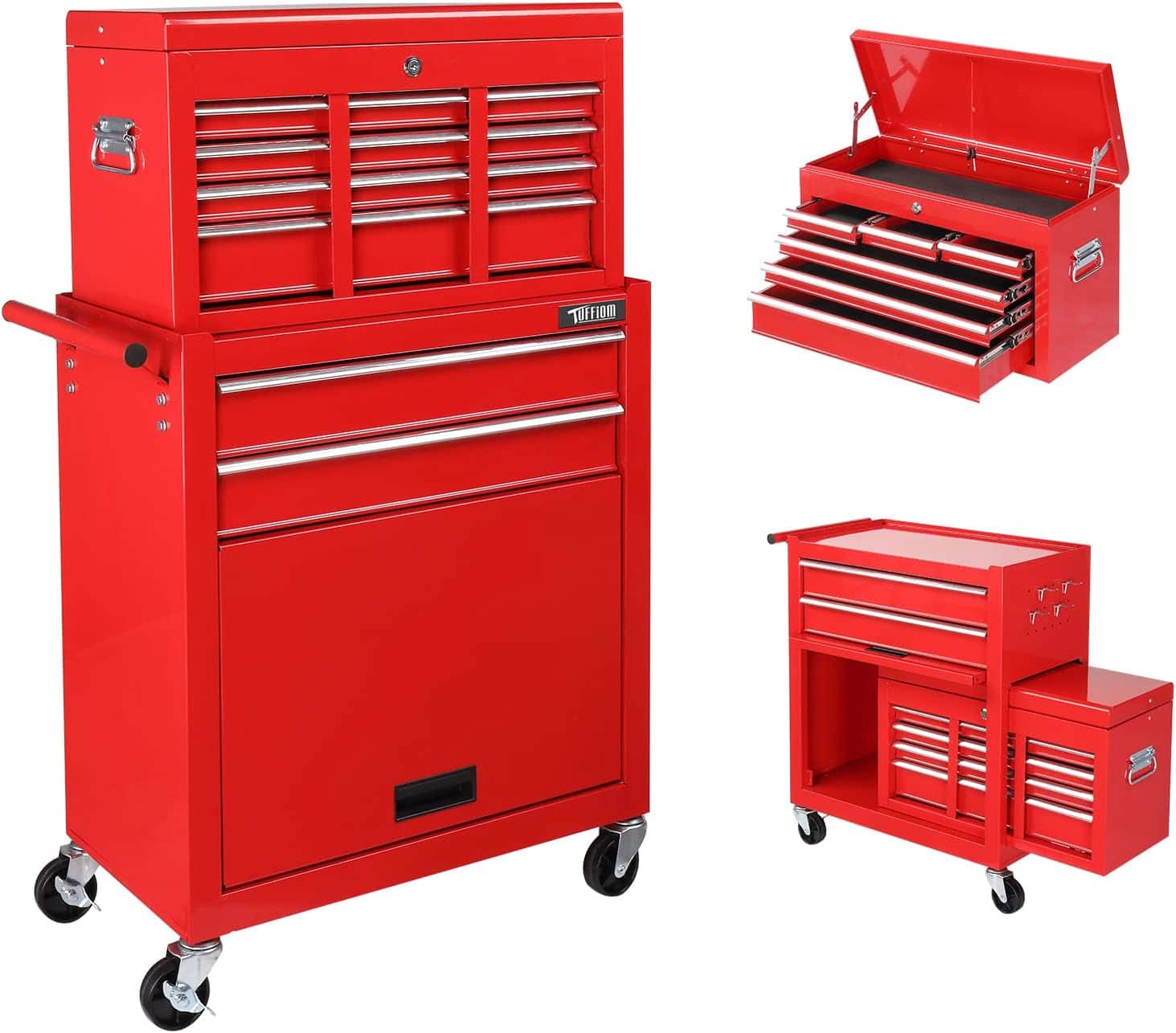 Winado - 8-Drawer Lockable Rolling Tool Chest Tool Storage Cabinet with Drawer Liner, Wheels, Detachable Top for Garage, Workshop - Red