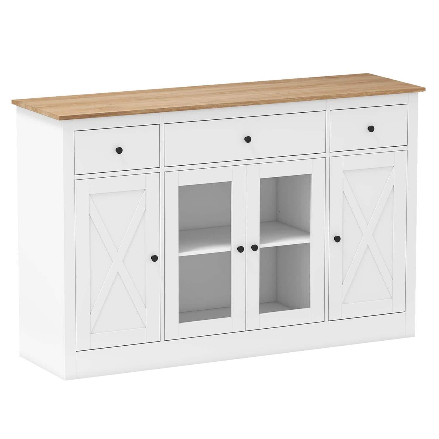 Pefilos - 55" Large Buffet Sideboard,3-Drawer 2 Glass Doors,Adjustable Shelves Anti-Tip - White