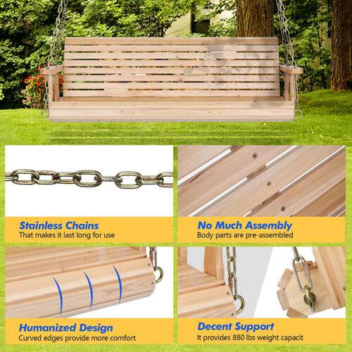 Stainless Chains  
That makes it last long for use  

No Much Assembly  
Body parts are pre-assembled  

Humanized Design  
Curved edges provide more comfort  

Decent Support  
It provides 880 lbs weight capacity
