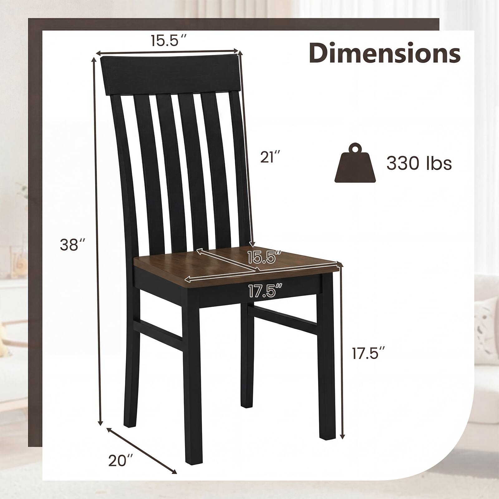 15.5" Dimensions 21" 330 lbs 38" 15.5" 17.5" 20"