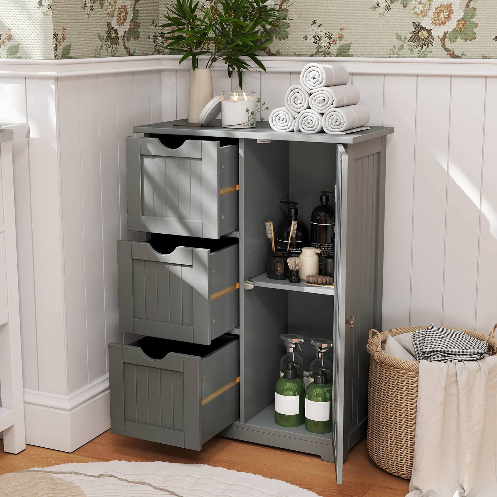 Alt View 1. Costway - Costway Bathroom Floor Cabinet Side Storage Cabinet with 3 Drawers and 1 Cupboard - Gray.