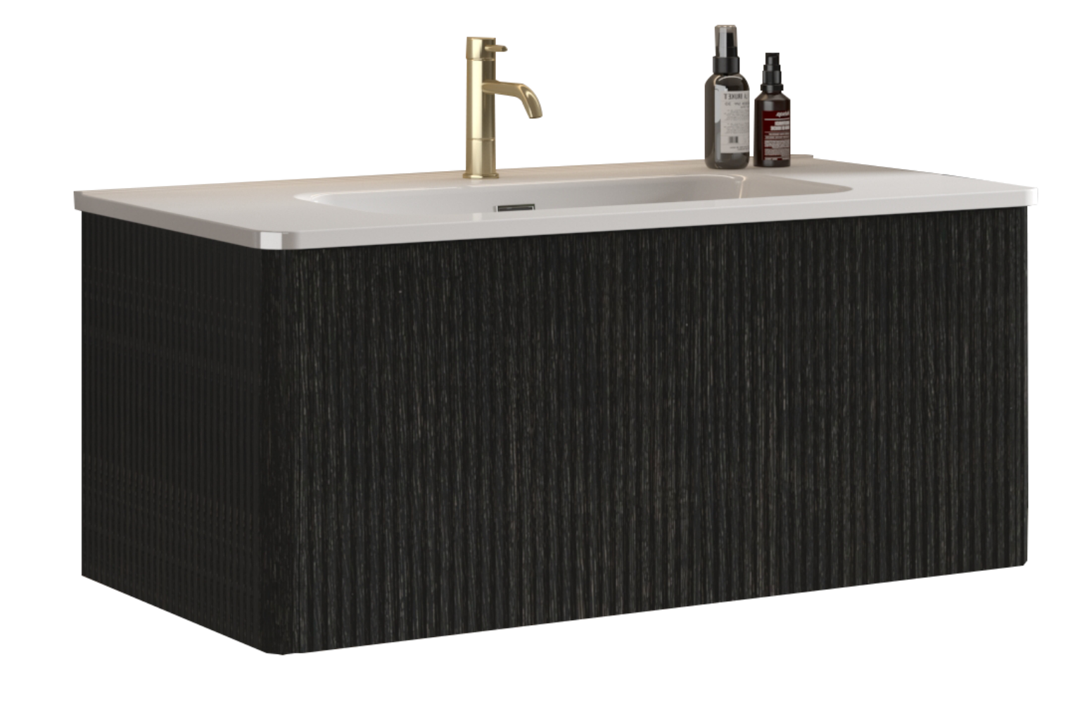 Alt View 4. Boyel Living - 36 Inch Striped Brushed Black Oak Floating Bathroom Vanity with White Ceramic Sink, Modern Style, Pre-Assembled - Black.