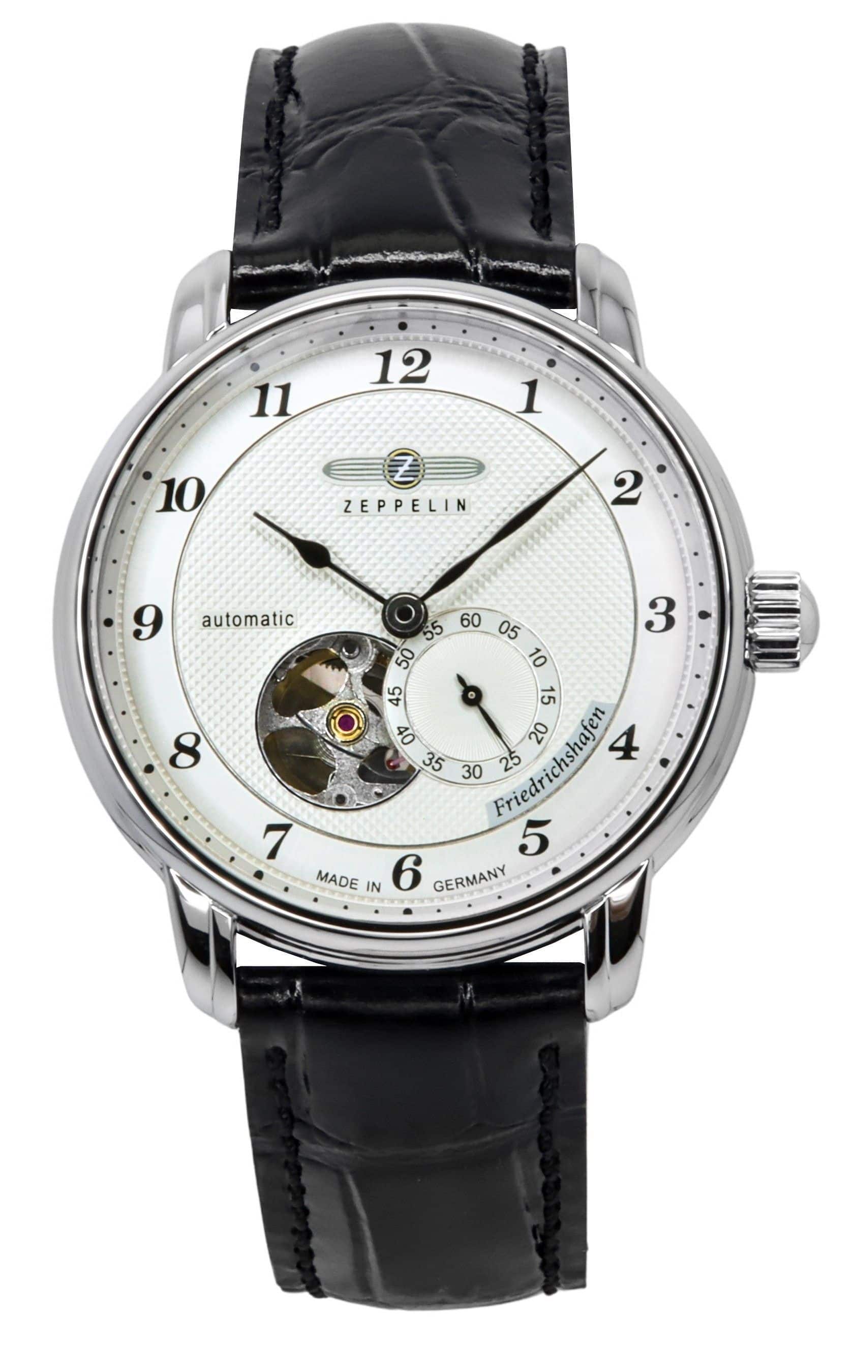 Zeppelin - Friedrichshafen Leather Strap Open Heart Dial Automatic 85664 Men's Watch - Silver