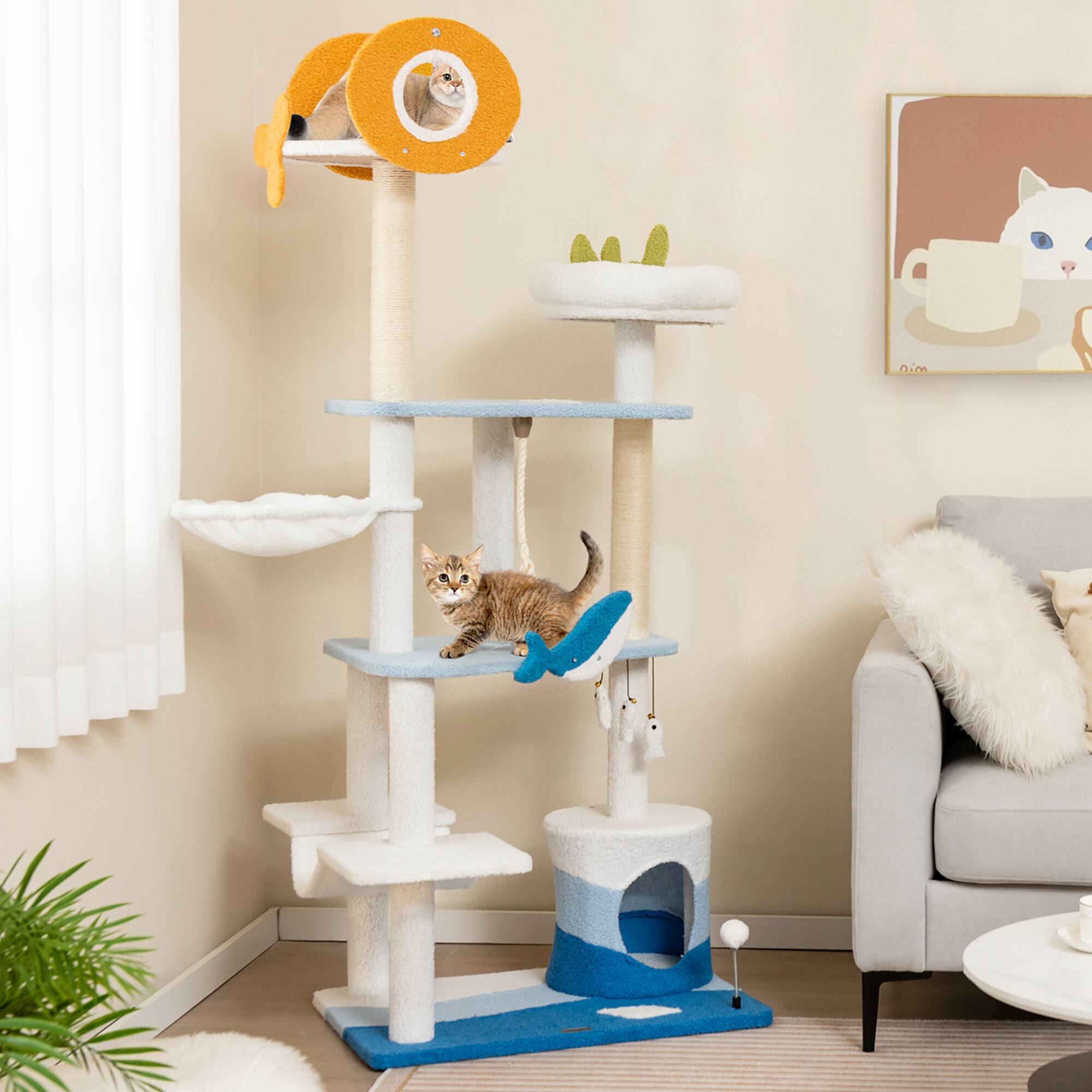 Alt View 1. Costway - Costway Ocean-themed Cat Tree Tower with Sisal Covered Scratching Posts Condo Perch Hammock - Blue.