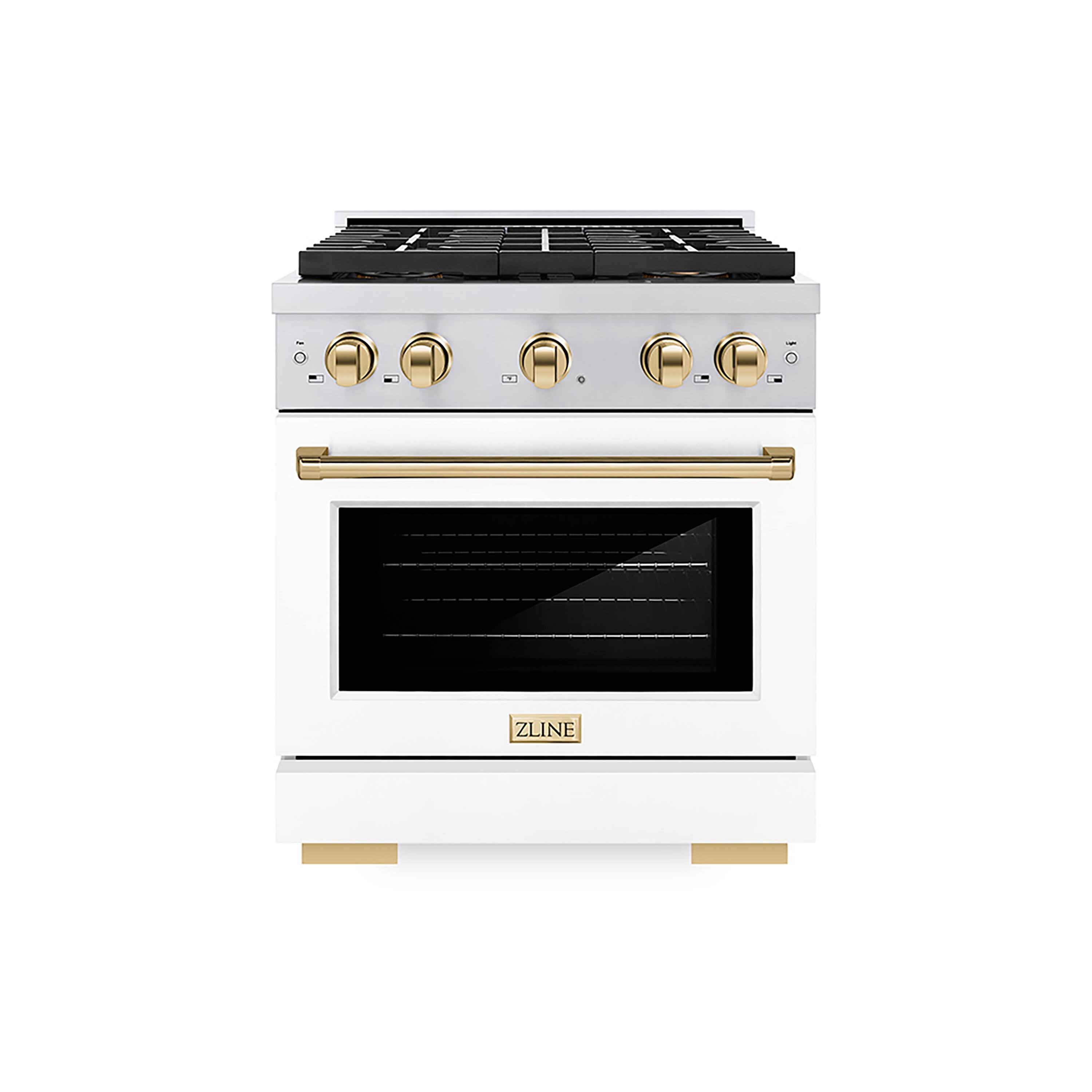 Front. ZLINE - ZLINE Autograph 30 in. 4.2 cu. ft. Freestanding Paramount Dual Fuel DuoPro Range with White Door & Polished Gold Accents - White Matte.