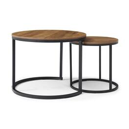 Ecooso - Set of 2 Coffee Table Nesting Side Round End Table Top Sturdy Metal Frame Desk Centerpiece Living Room Bedroom - Walnut