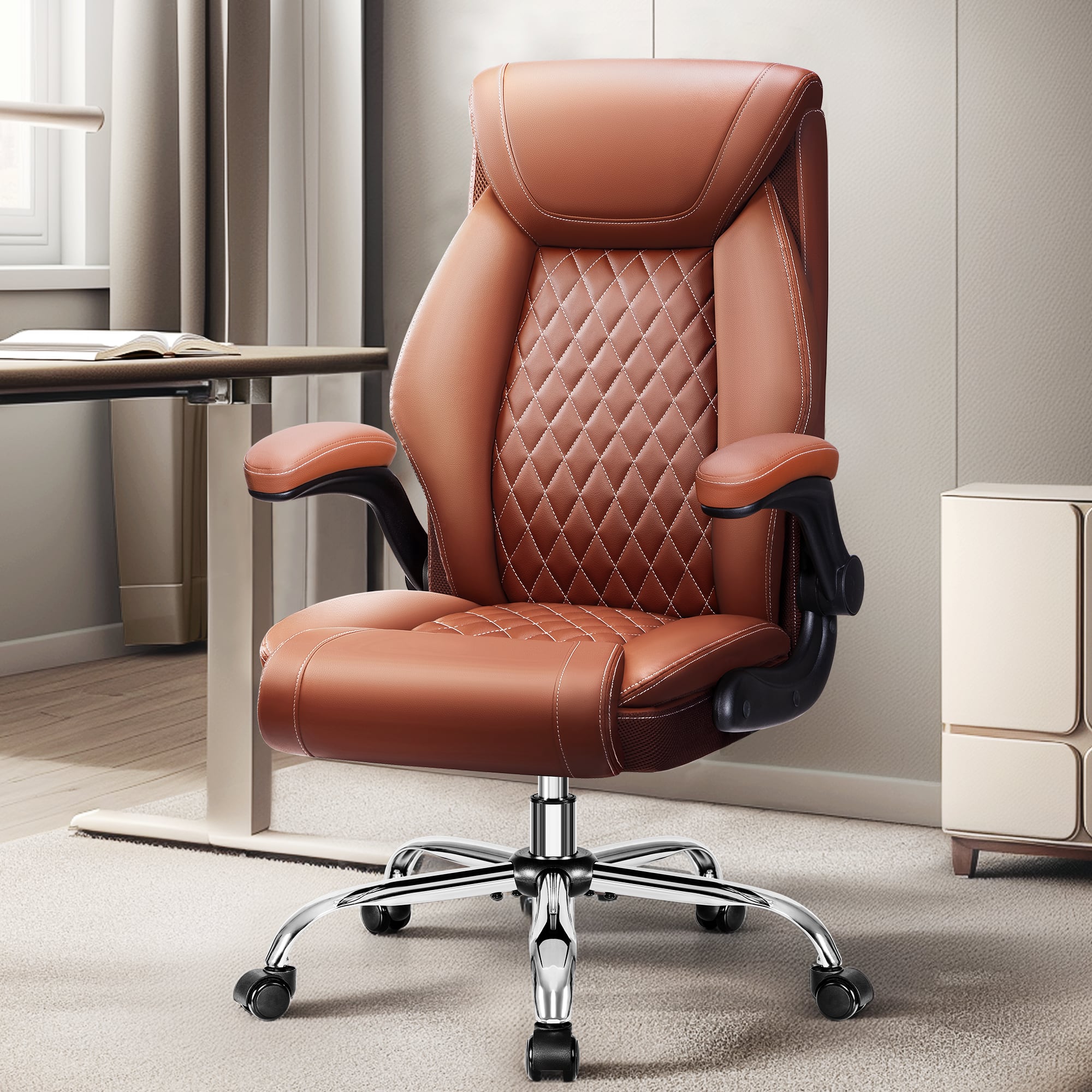 Brick Attic - Big&Tall Breathable Leather Office Chair,High-Back Desk Chair with Lumbar Support,Flip-Up Armrests and Rocking Function - Brown