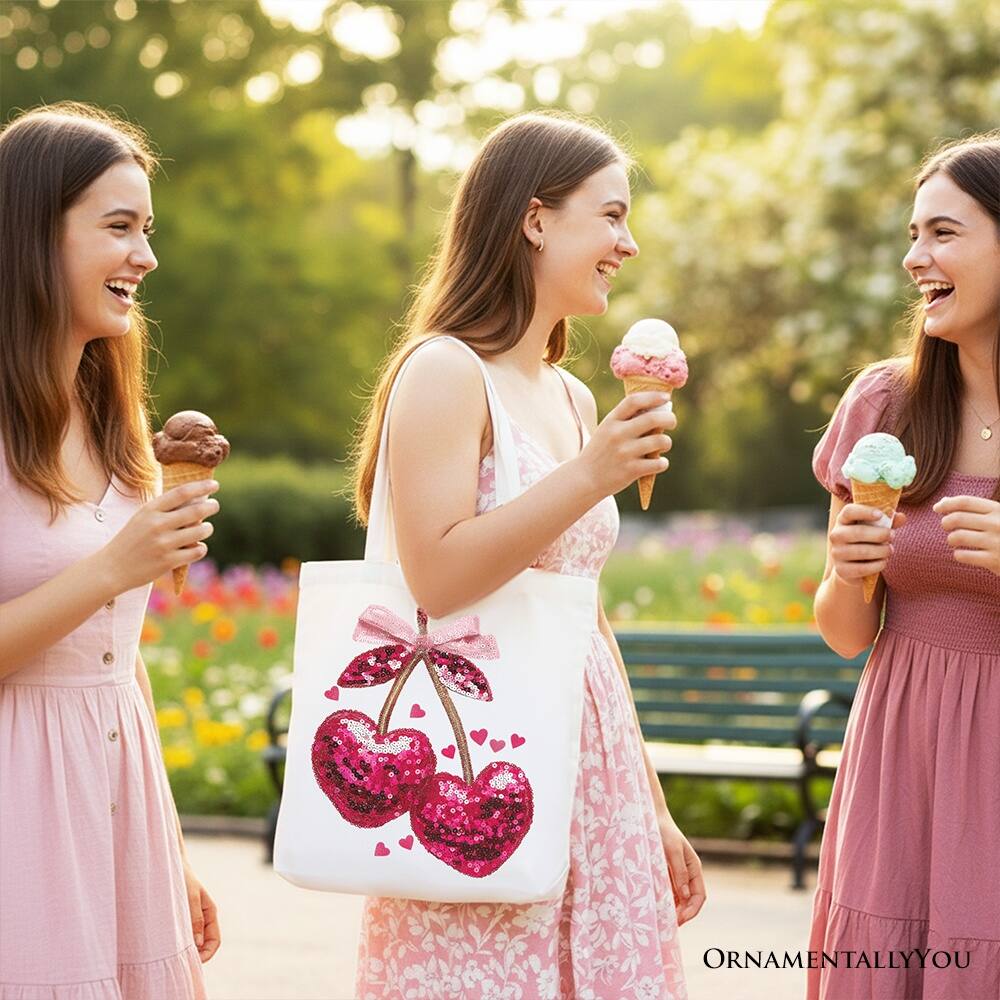 Left. OrnamentallyYou - Sequin Pink Cherry Heart Canvas Tote Bag, Valentine Coquette Trendy Women Gift - White.