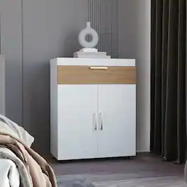 Loheer - Freestanding Footwear Storage Cabinet Double Doors - White and Natural Oak