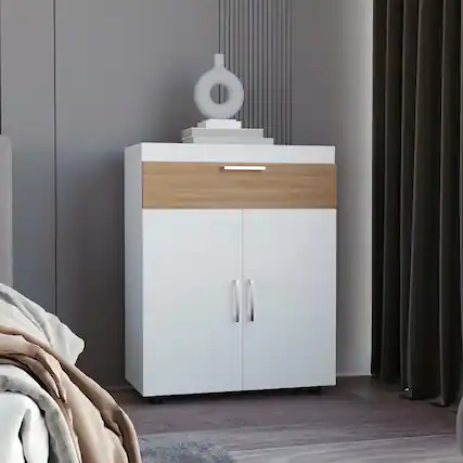 Front. Loheer - Loheer Freestanding Footwear Storage Cabinet Double Doors - White and Natural Oak.