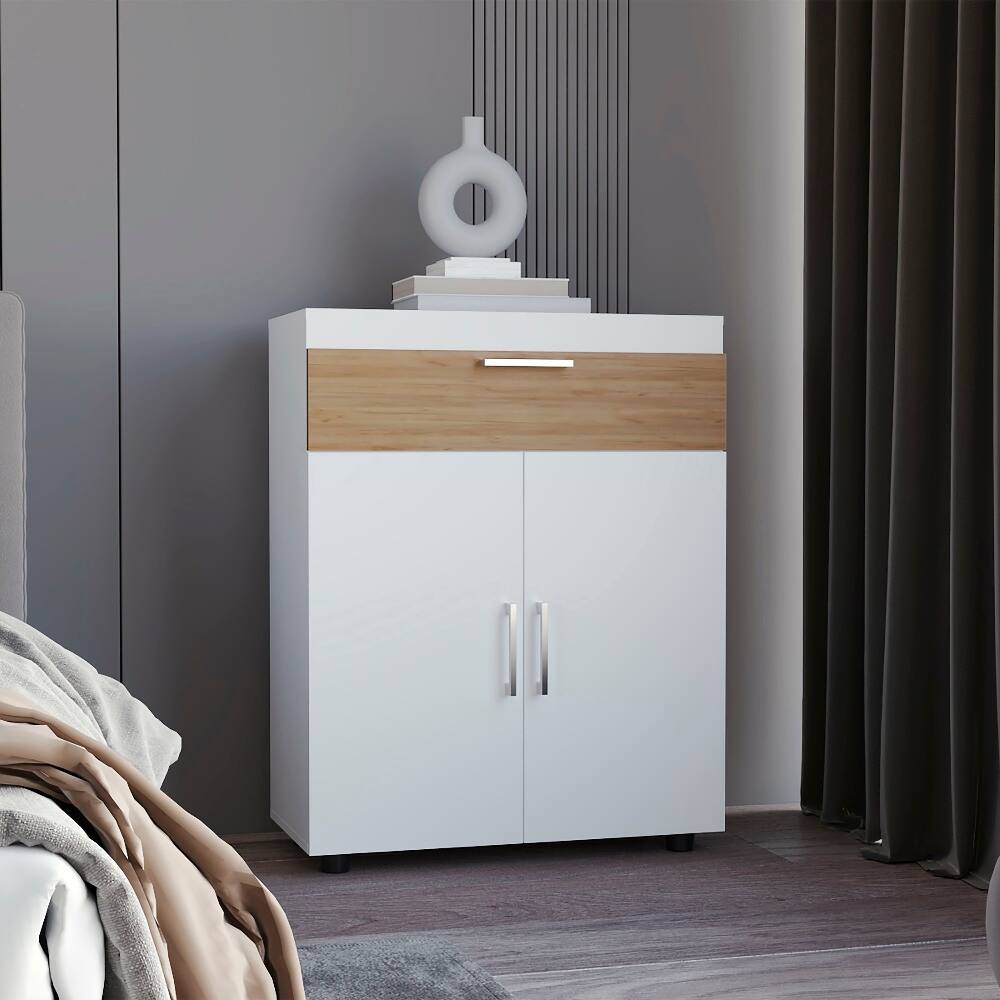 Front. Loheer - Loheer Freestanding Footwear Storage Cabinet Double Doors - White and Natural Oak.