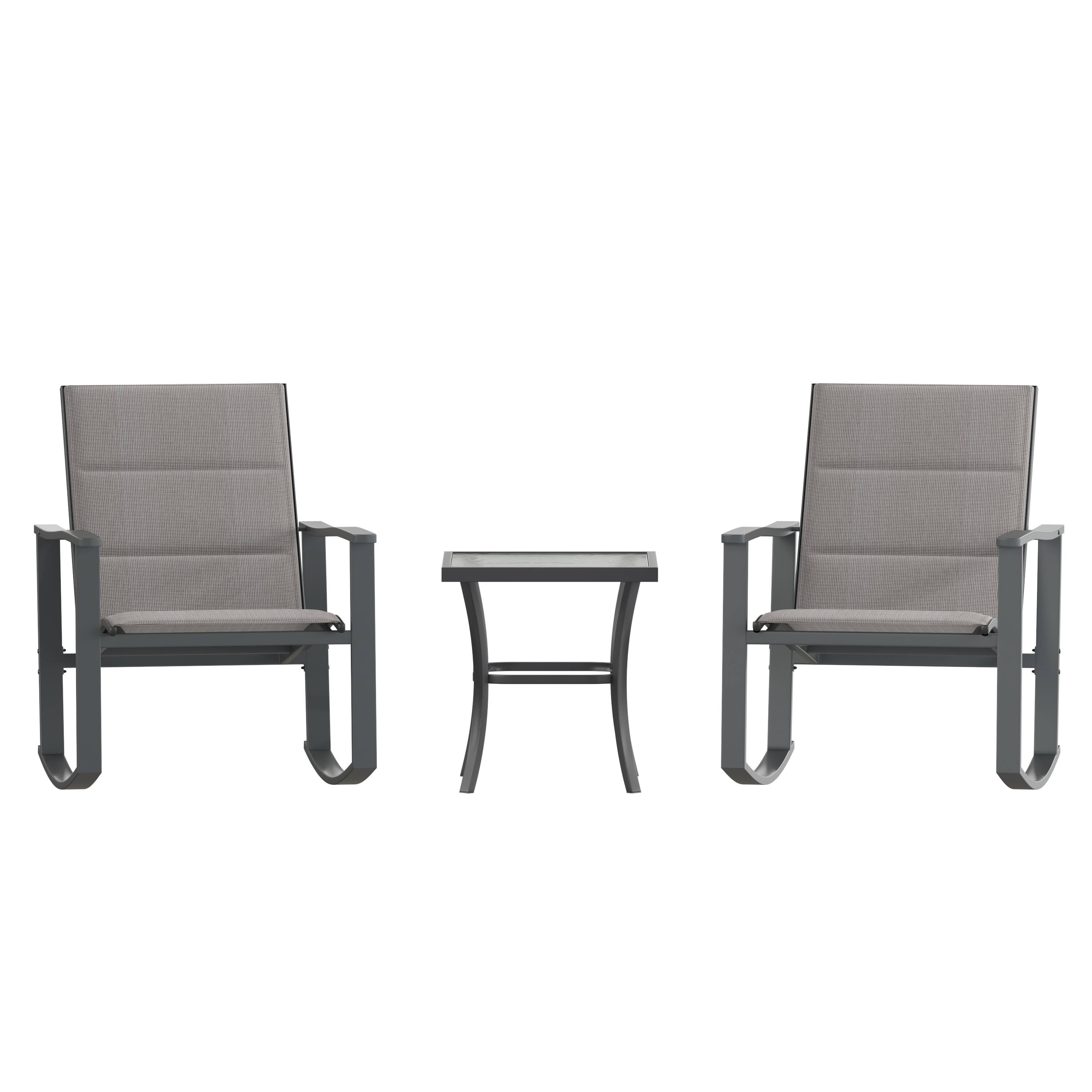 Angle. Flash Furniture - Brazos 3 Piece Outdoor Rocking Chair Bistro Set with Flex Comfort Material and Steel Framed Glass Top Table, Gray/Black - Gray.