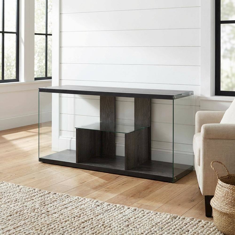 Alt View 1. FurniFact - Weathered Gray TV Stand with Tempered Glass and PVC Edge Banding - Multicolor.