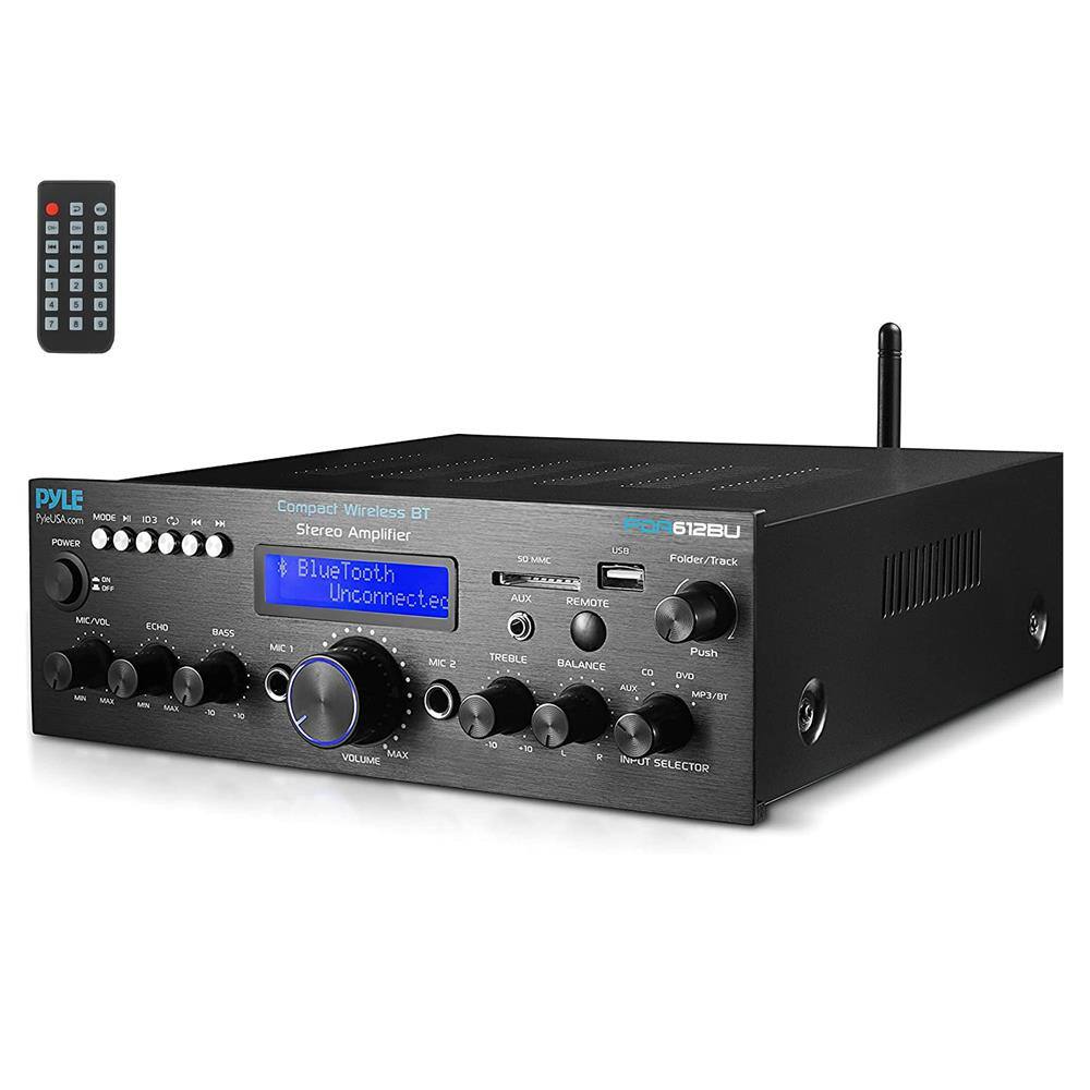 PYLE  
PyUSA.com  

Compact Wireless BT  
Stereo Amplifier  

MODEL: 612BU  

Bluetooth  
Unconnected  

POWER  
MIC/VOL  
ECHO  
BASS  
TREBLE  
BALANCE  
C  
DVO  
AUX  
MP3/BT  
VOLUME  
MAX  

I-UT SELECTOR  

REMOTE  
MIC  
Push  

FOLDER/TRACK  
USB  
DVD  
AUX  
MP3/BT  

50MMC  
FOLDER/TRACK  
BlueTooth  
Unconnected  
ALIX  

POA612BU