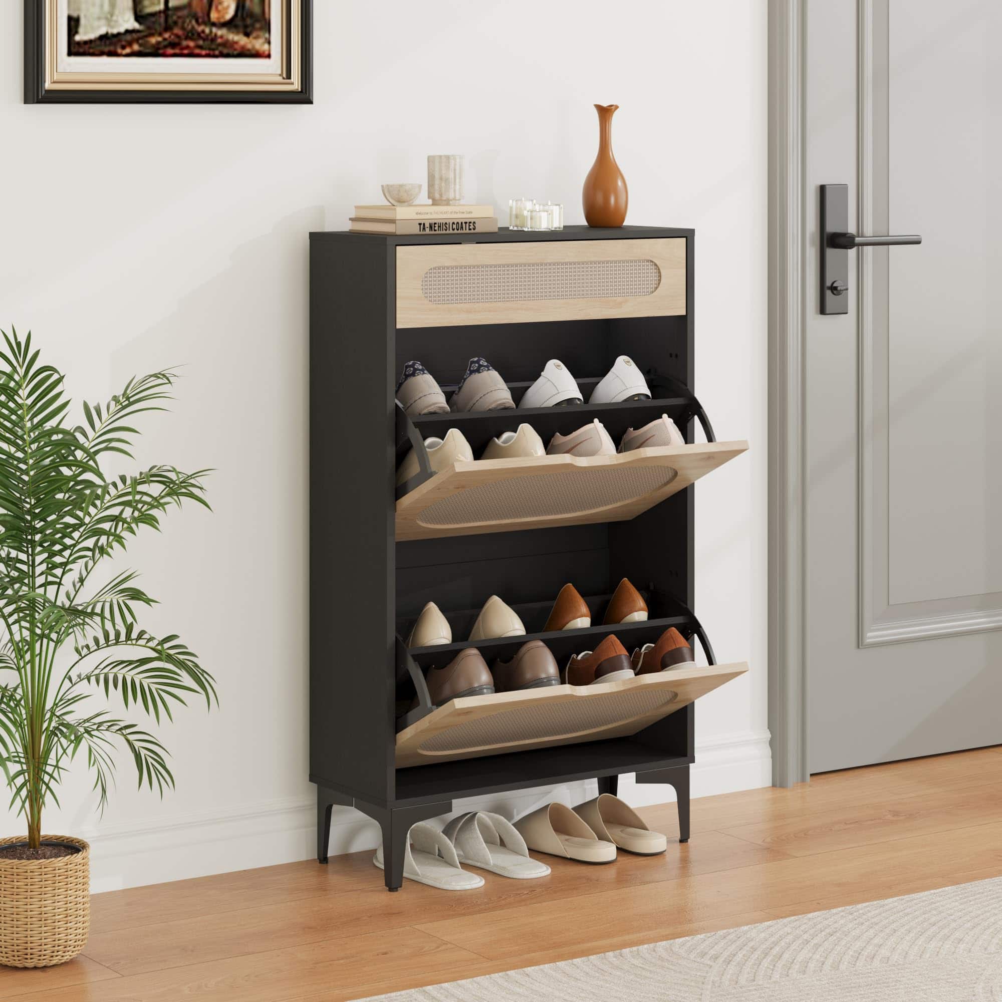 Babevy - Shoe Cabinet, Rattan Shoe Storage With 2 Flip Drawer and 1 Pull-Out Drawer, Heavy Duty Metal Leg, Adjustment Shelf - Black