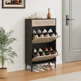 Babevy - Shoe Cabinet, Rattan Shoe Storage With 2 Flip Drawer and 1 Pull-Out Drawer, Heavy Duty Metal Leg, Adjustment Shelf - Black