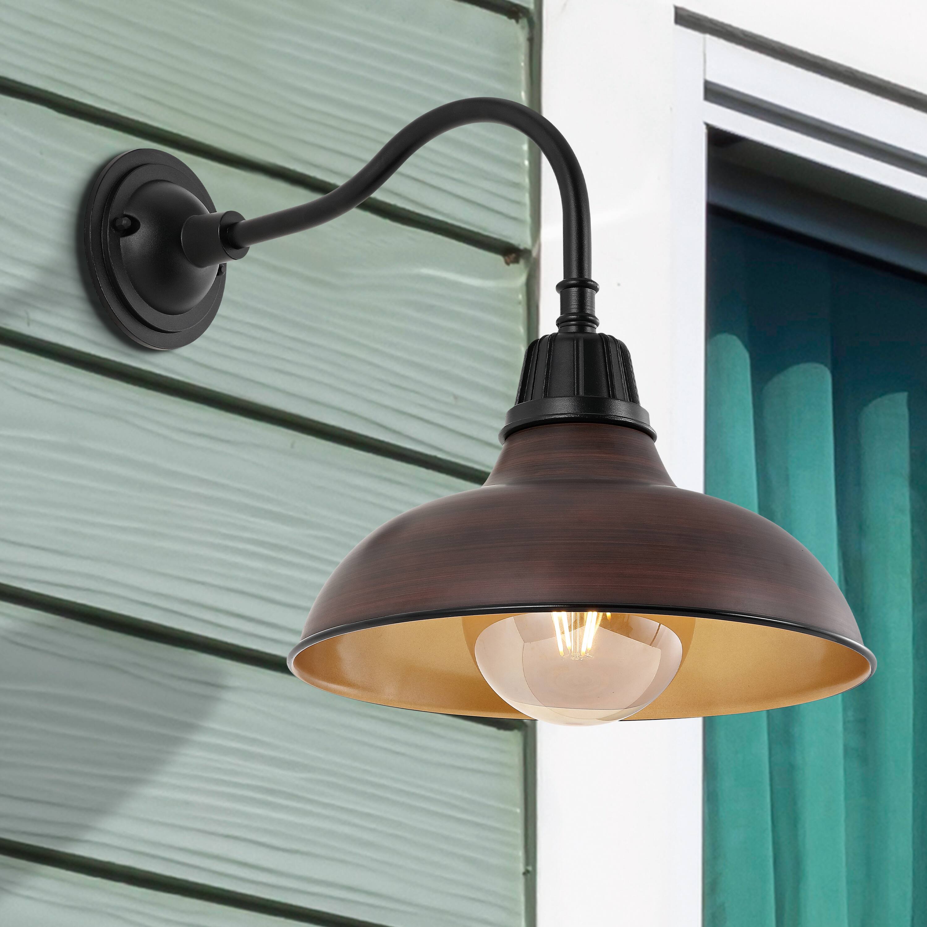 Alt View 7. Jonathan Y - Aurora 12.25" 1-Light Farmhouse Industrial Indoor/Outdoor Iron LED Gooseneck Arm Outdoor Sconce, Wood Finish/Copper - Wood Finish/Black.
