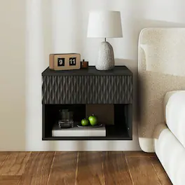Kadyn - Wavy-Textured Double-Mounted Wall-Mounted Floating Nightstand with Drawer for Bedroom - Black