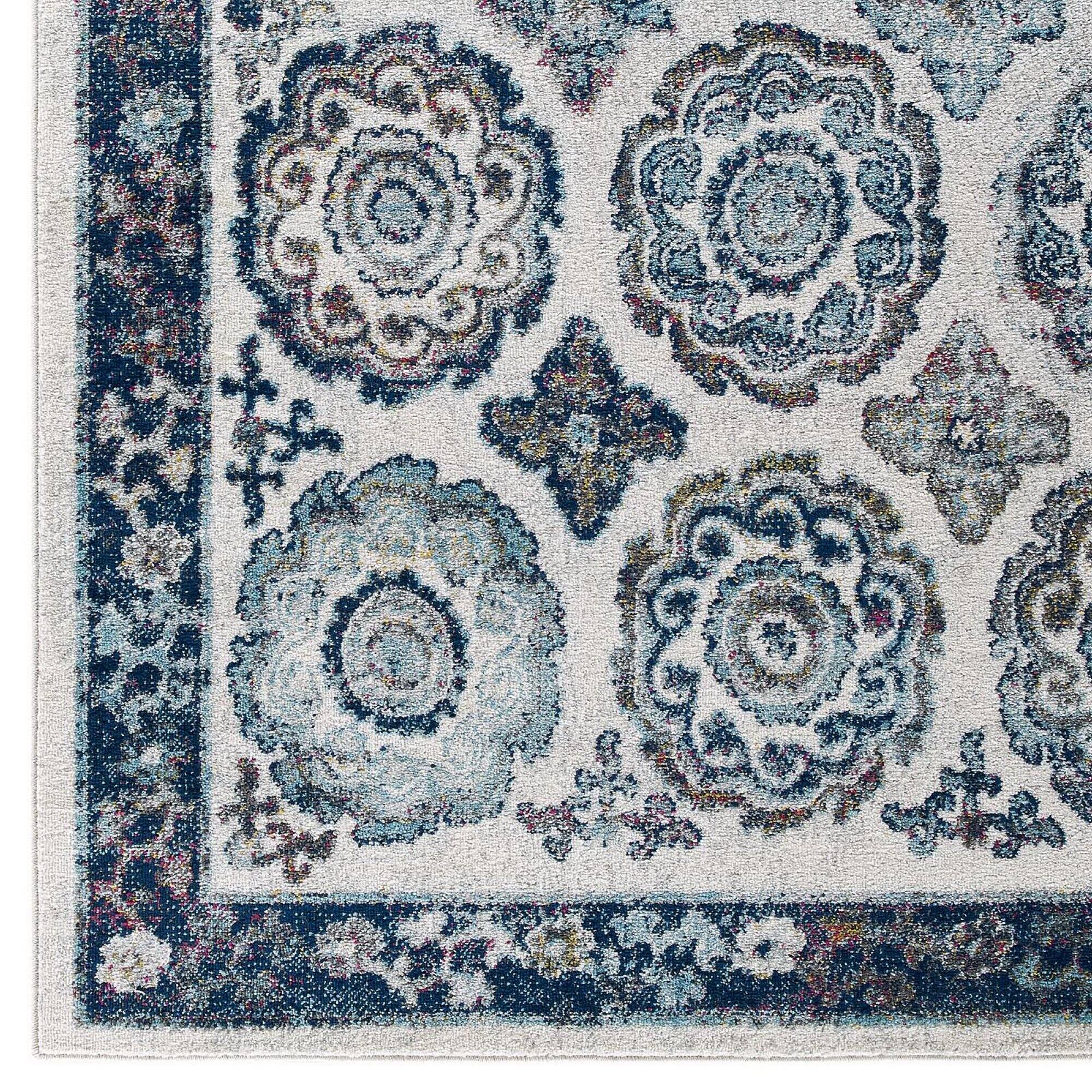 Back. Modway - Entourage Odile Distressed Floral Moroccan Trellis Area Rug - Ivory and Blue.