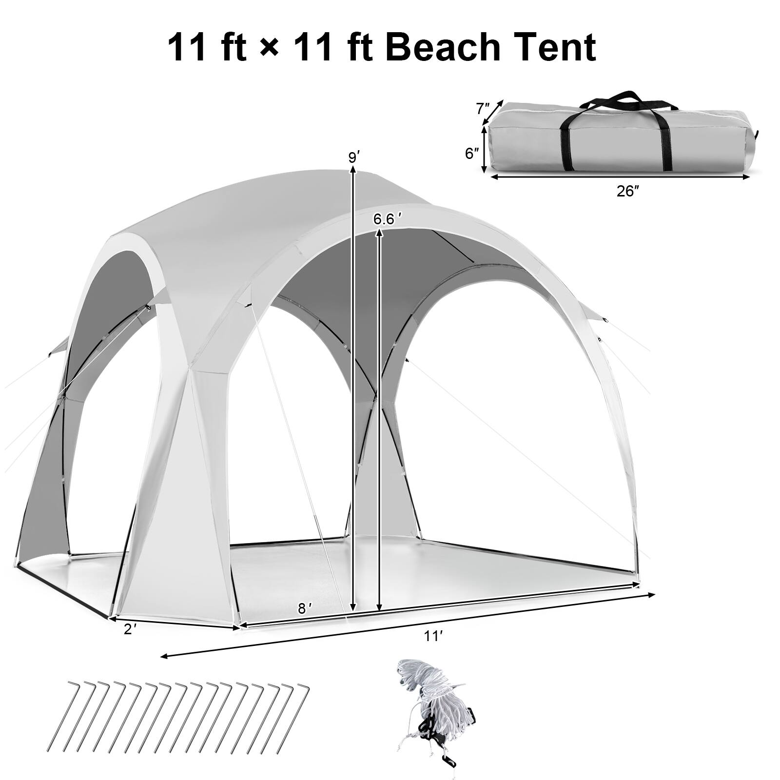 11 ft x 11 ft Beach Tent 7" 9 6" 26" 6.6 2' 8' 11'