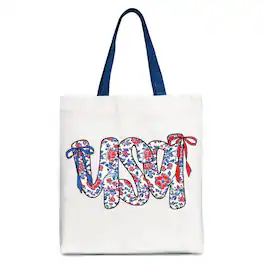 OrnamentallyYou - Floral USA Patriotic Canvas Tote Bag, 4th of July Gift Shopper for Stylish Women - White Navy