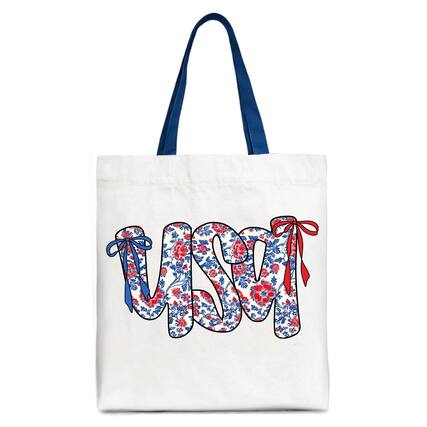Front. OrnamentallyYou - Floral USA Patriotic Canvas Tote Bag, 4th of July Gift Shopper for Stylish Women - White Navy.