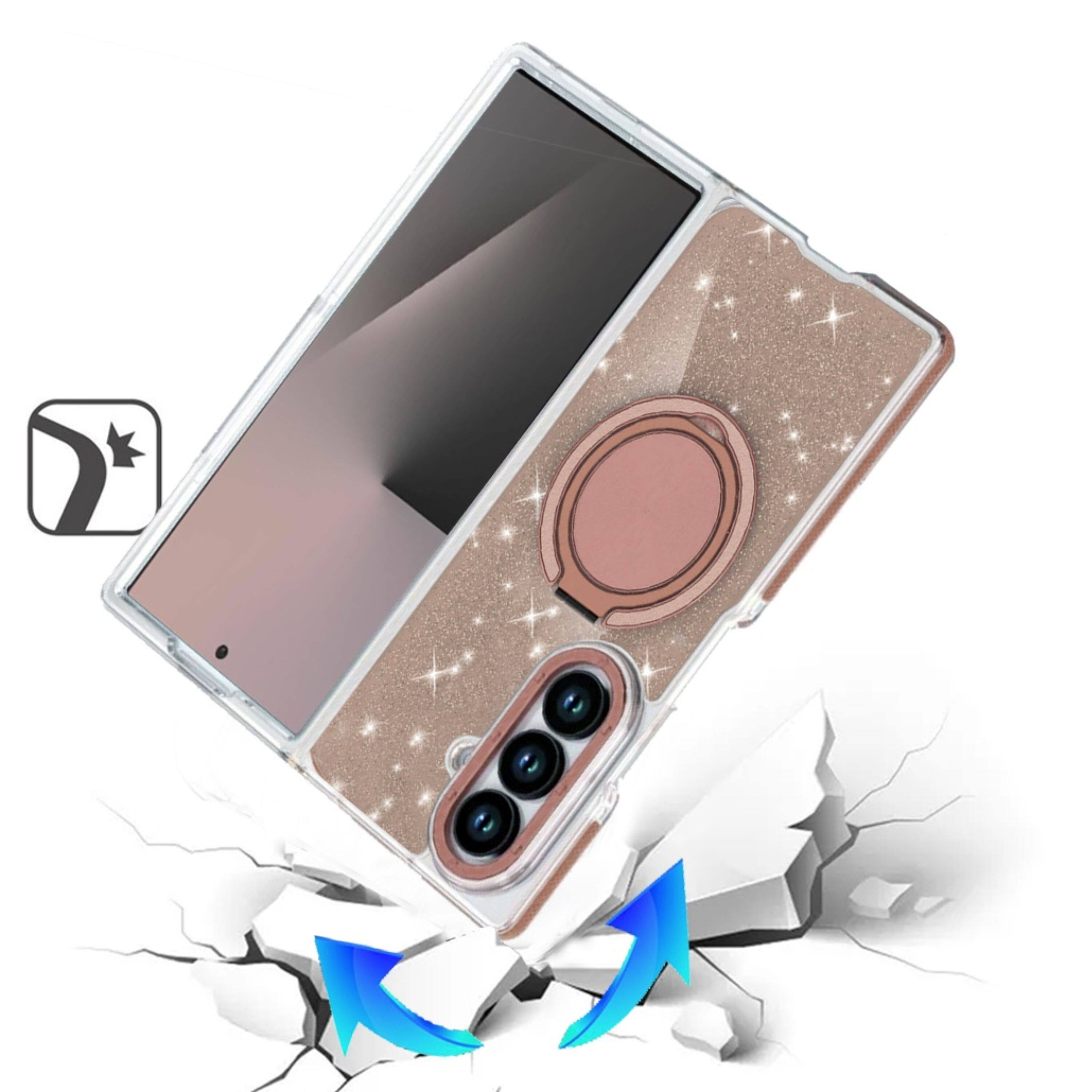 Left. Kitcheniva - Full Glitter Magnetic Circle Stand Phone Case With Tempered Glass For Samsung Galaxy Z Fold7 Gold - Gold.
